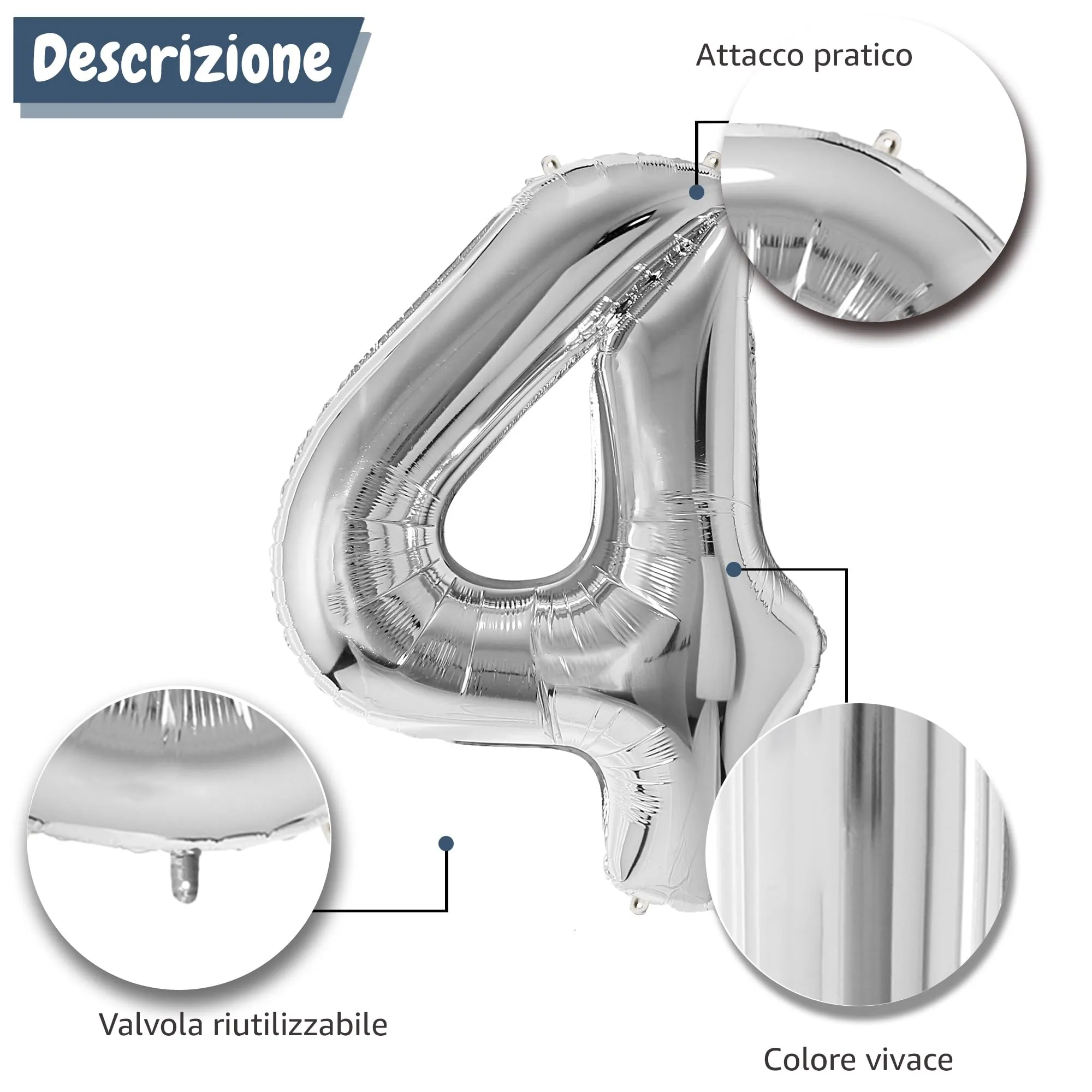 FUNFEST Palloncino Numero 4 Argento Metallizzato 100cm - immagine 6