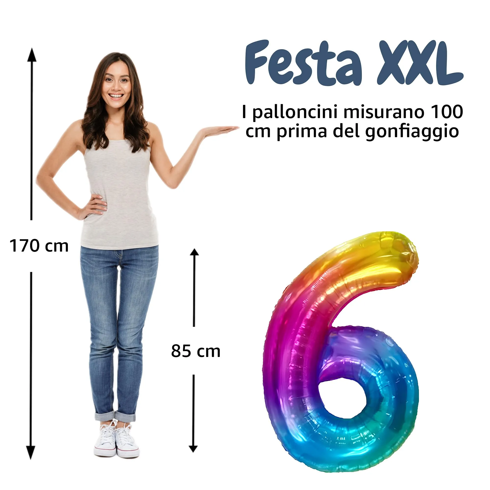 FUNFEST Palloncino Numero 6 Arcobaleno 100cm – Decorazione Compleanno Gigante – Elio o Aria - immagine 2