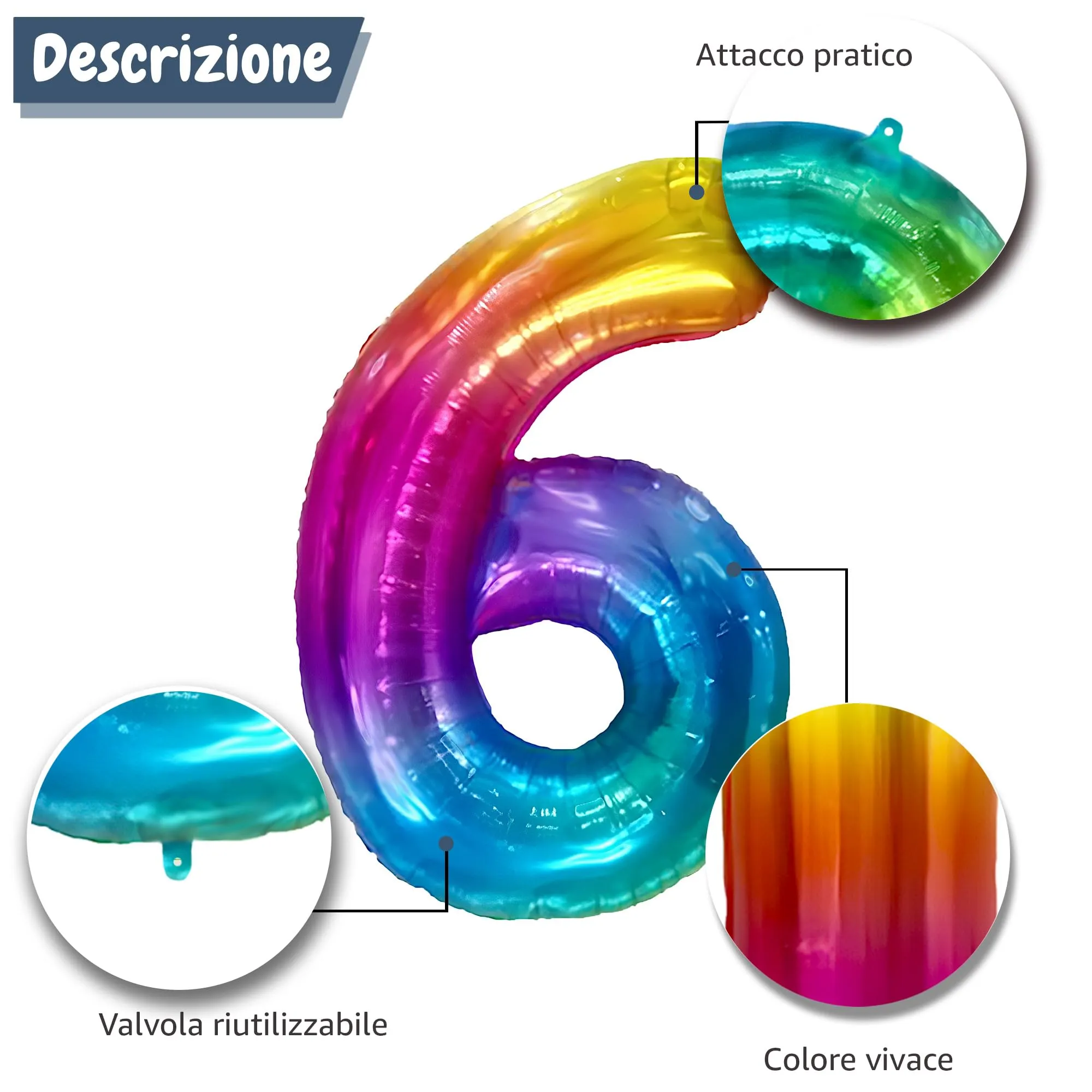 FUNFEST Palloncino Numero 6 Arcobaleno 100cm – Decorazione Compleanno Gigante – Elio o Aria - immagine 6