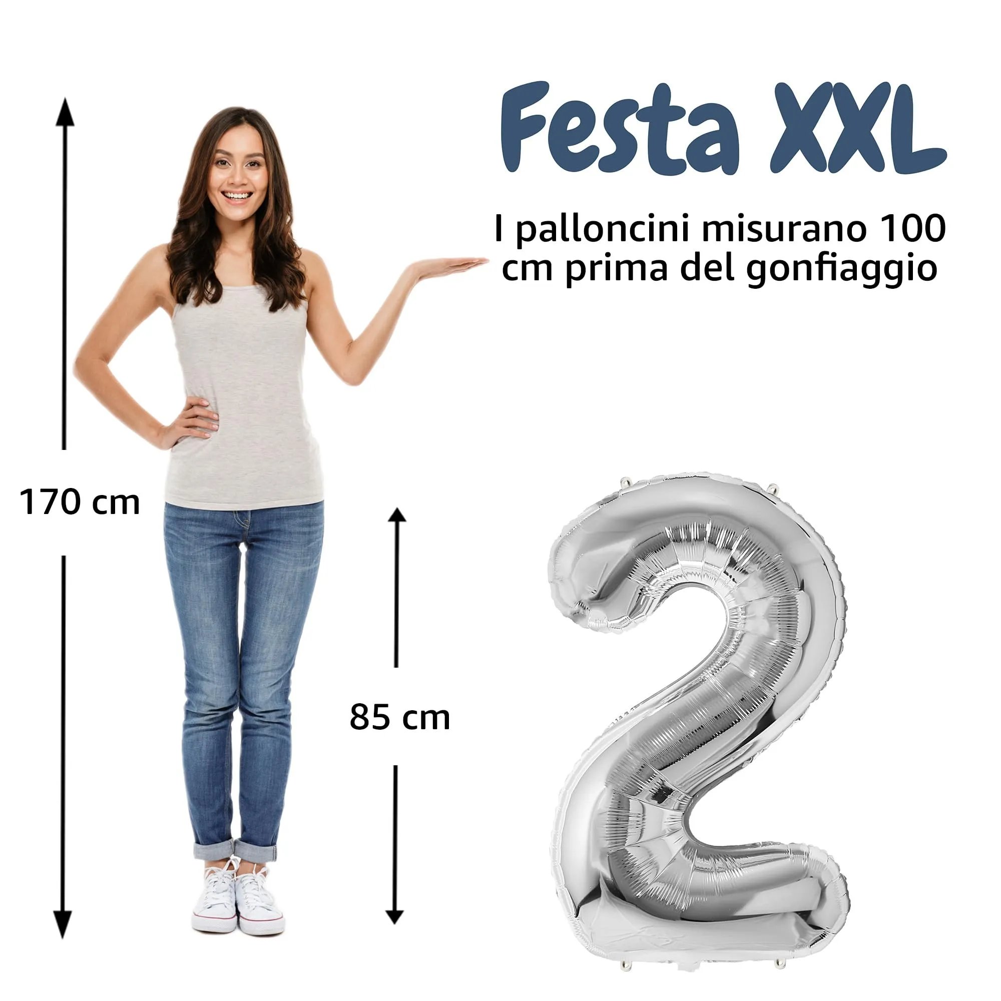 FUNFEST Palloncino Numero 2 Argento Metallizzato 100cm - immagine 2