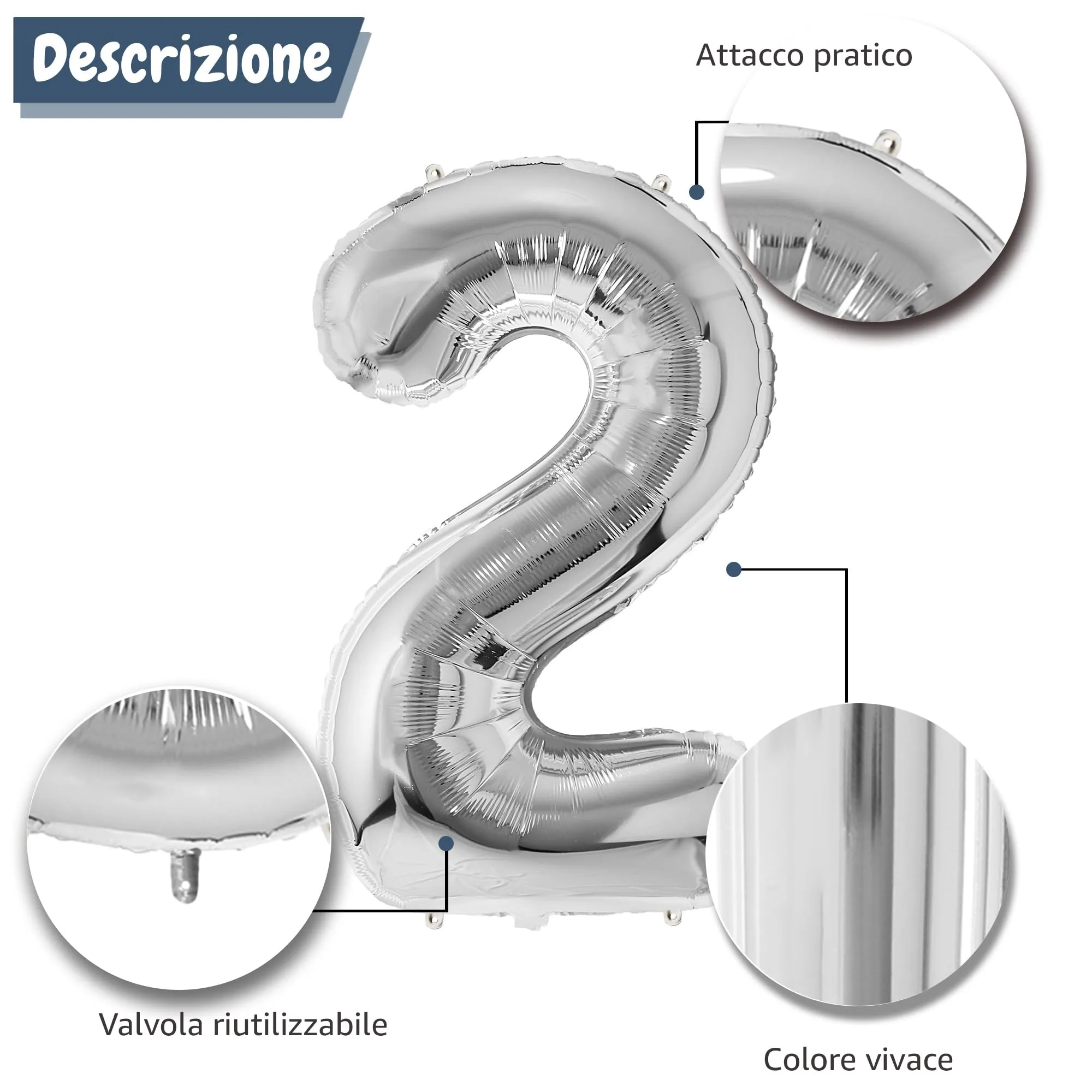 FUNFEST Palloncino Numero 2 Argento Metallizzato 100cm - immagine 6