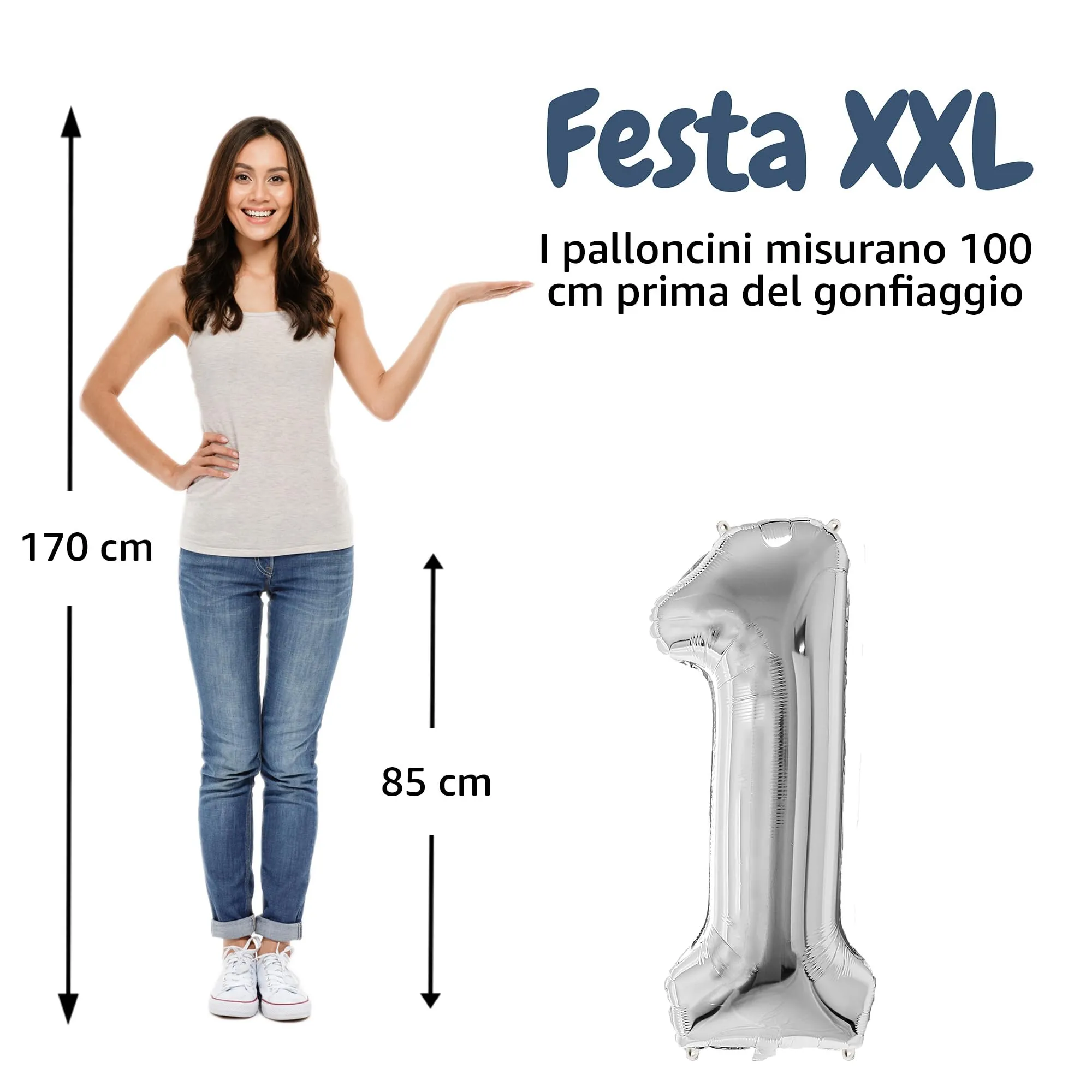 FUNFEST Palloncino Numero 1 Argento Metallizzato 100cm - immagine 2