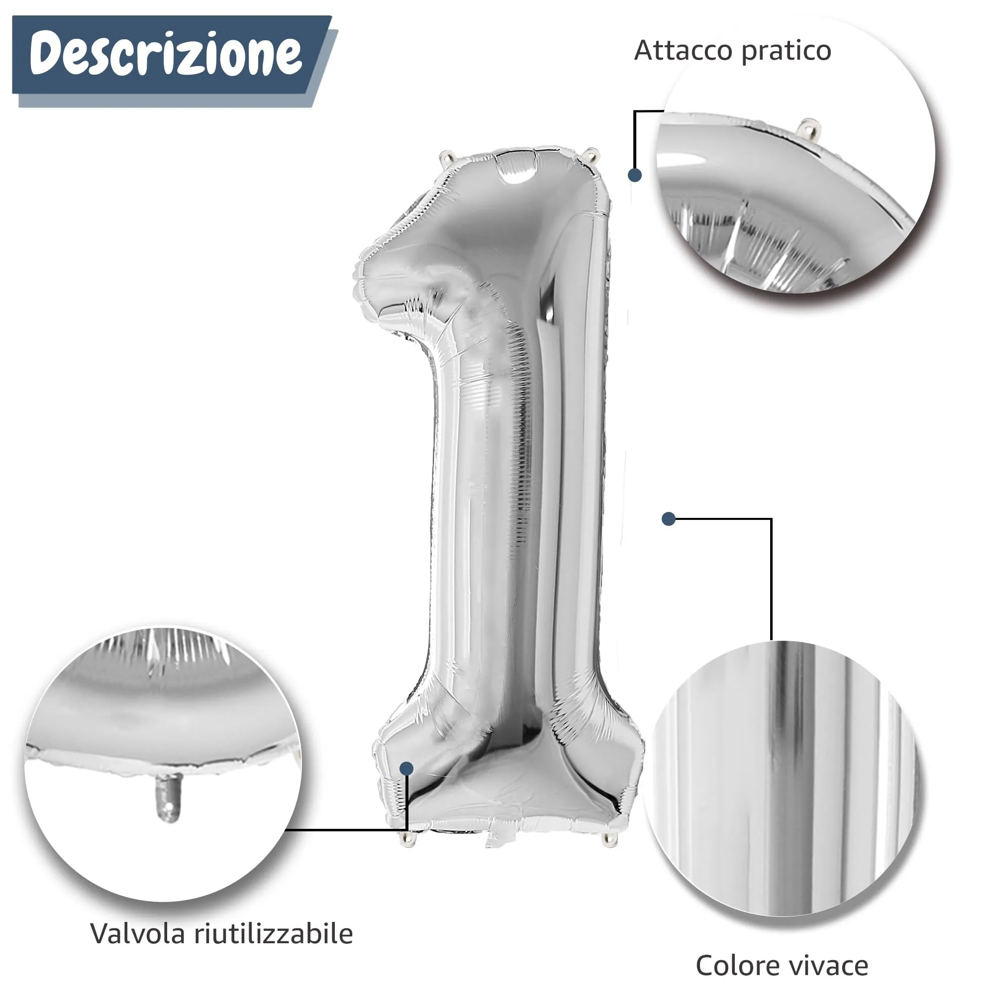 FUNFEST Palloncino Numero 1 Argento Metallizzato 100cm - immagine 6
