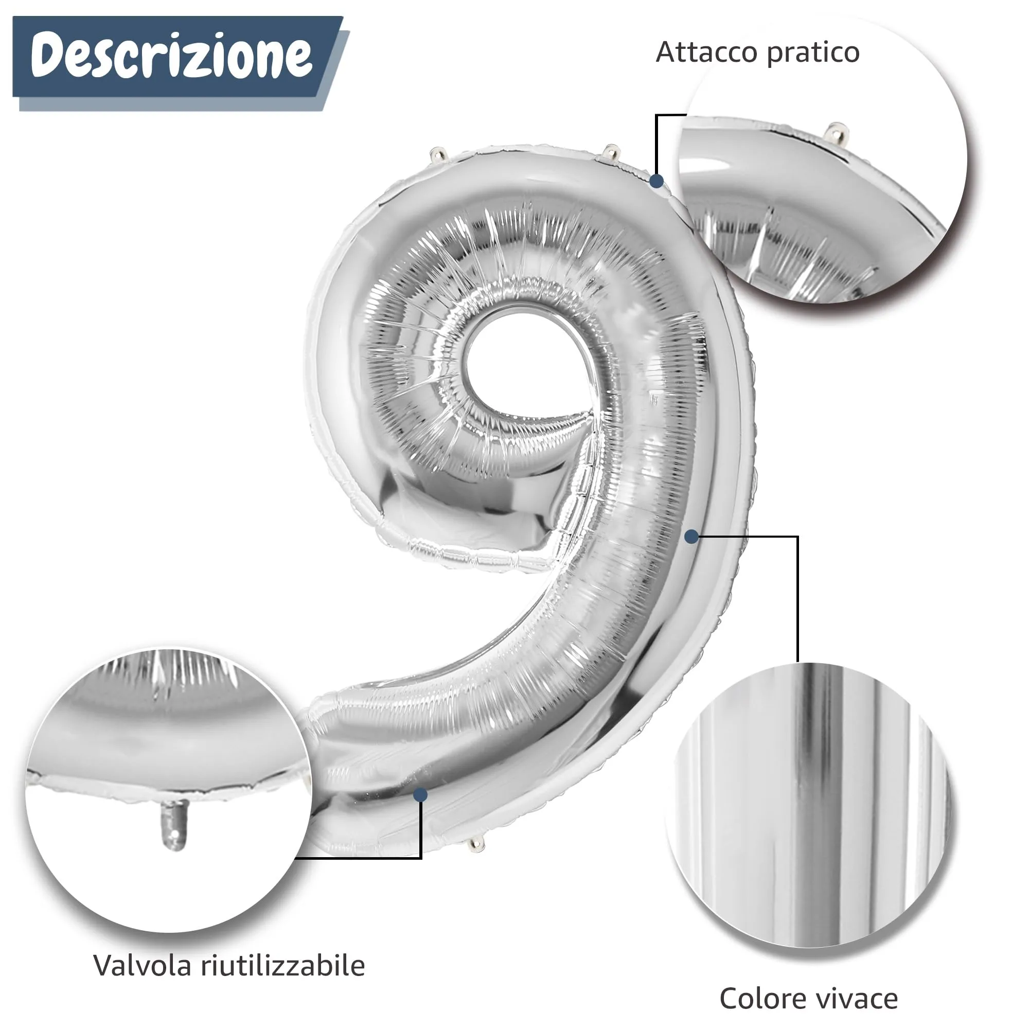 FUNFEST Palloncino Numero 9 Argento 100cm – Decorazione Compleanno Metallizzata – Elio o Aria - immagine 6