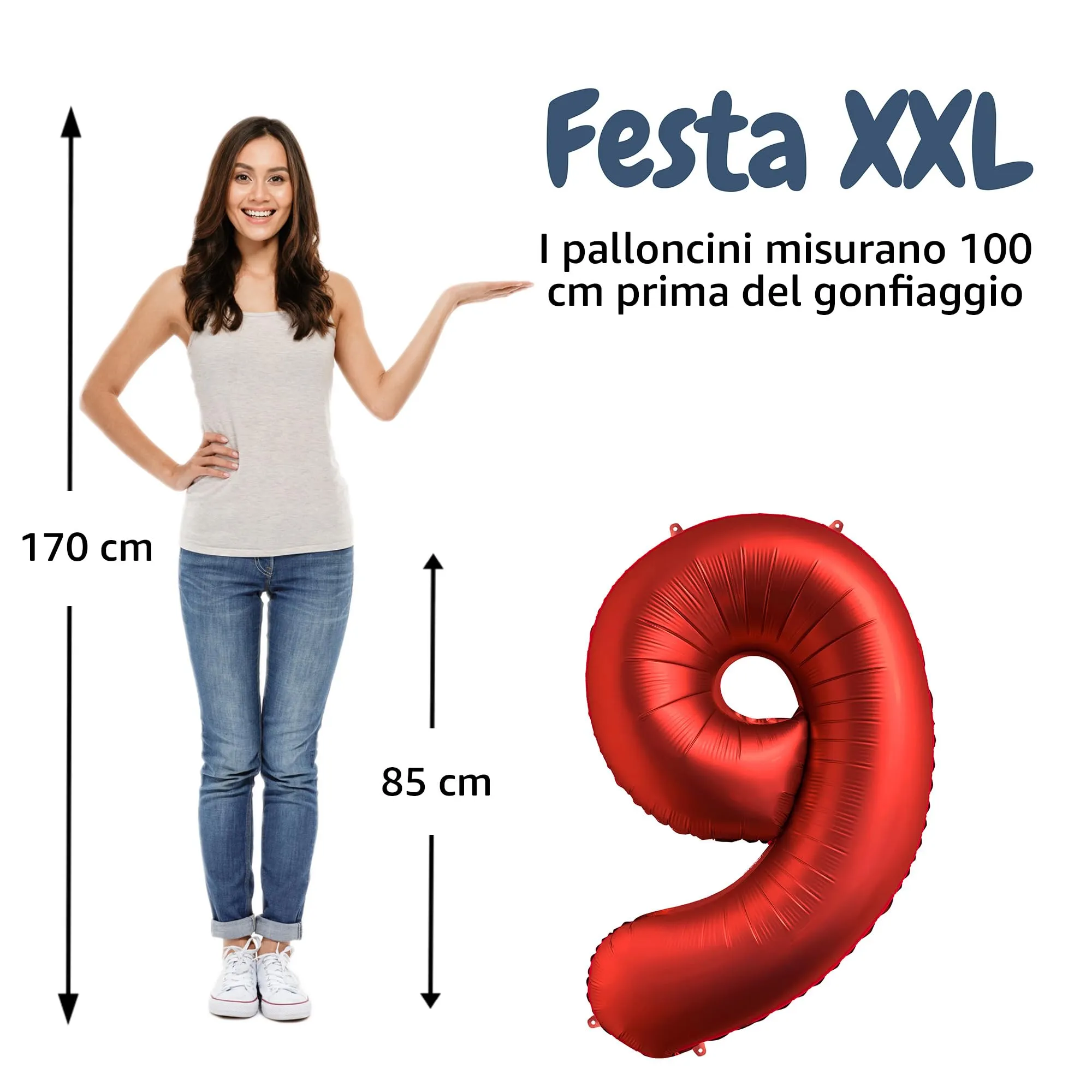 FUNFEST Palloncino Numero 9 Rosso 100cm – Decorazione Compleanno Radiosa – Elio o Aria - immagine 2
