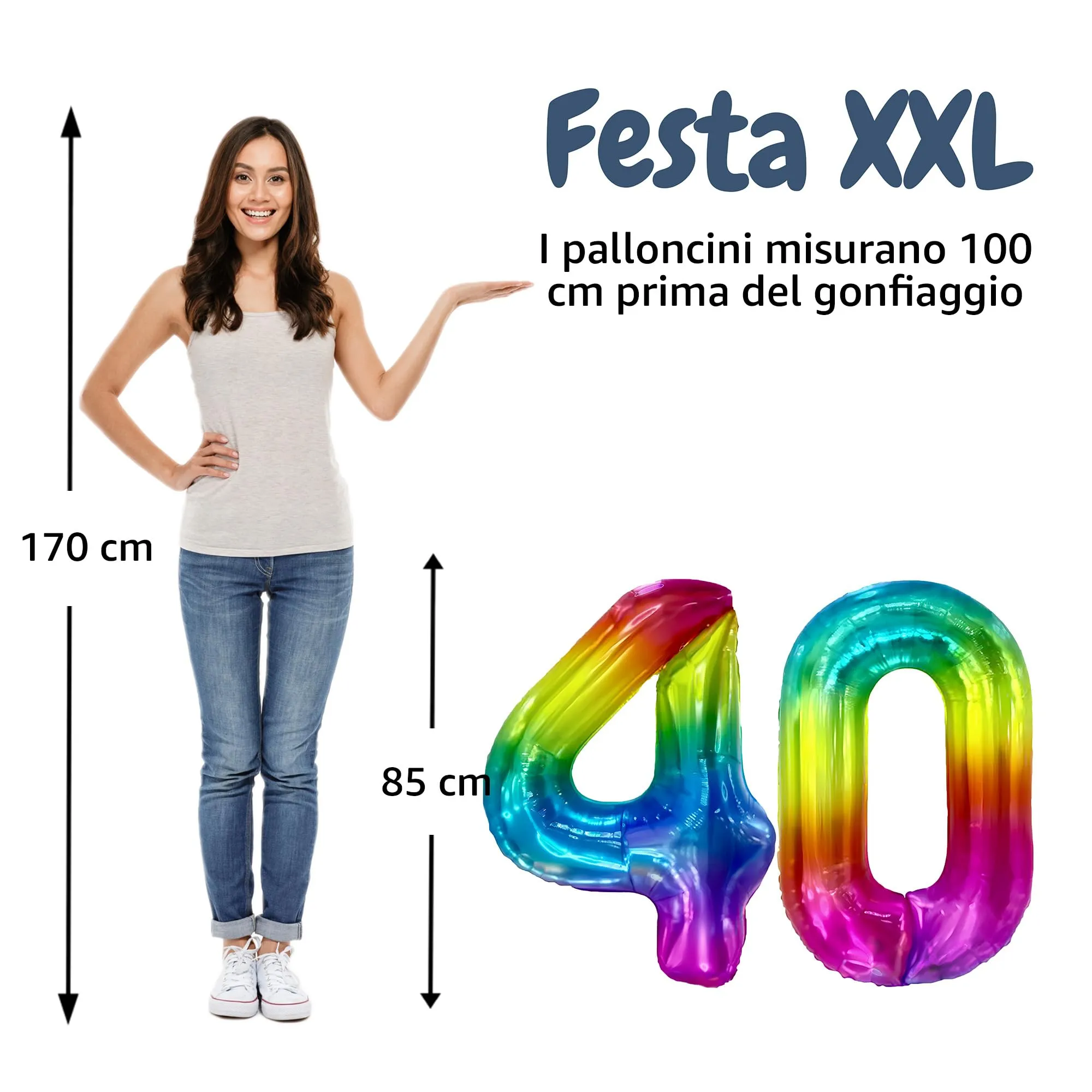 FUNFEST Palloncini 40° Compleanno Arcobaleno Giganti 100cm - immagine 2
