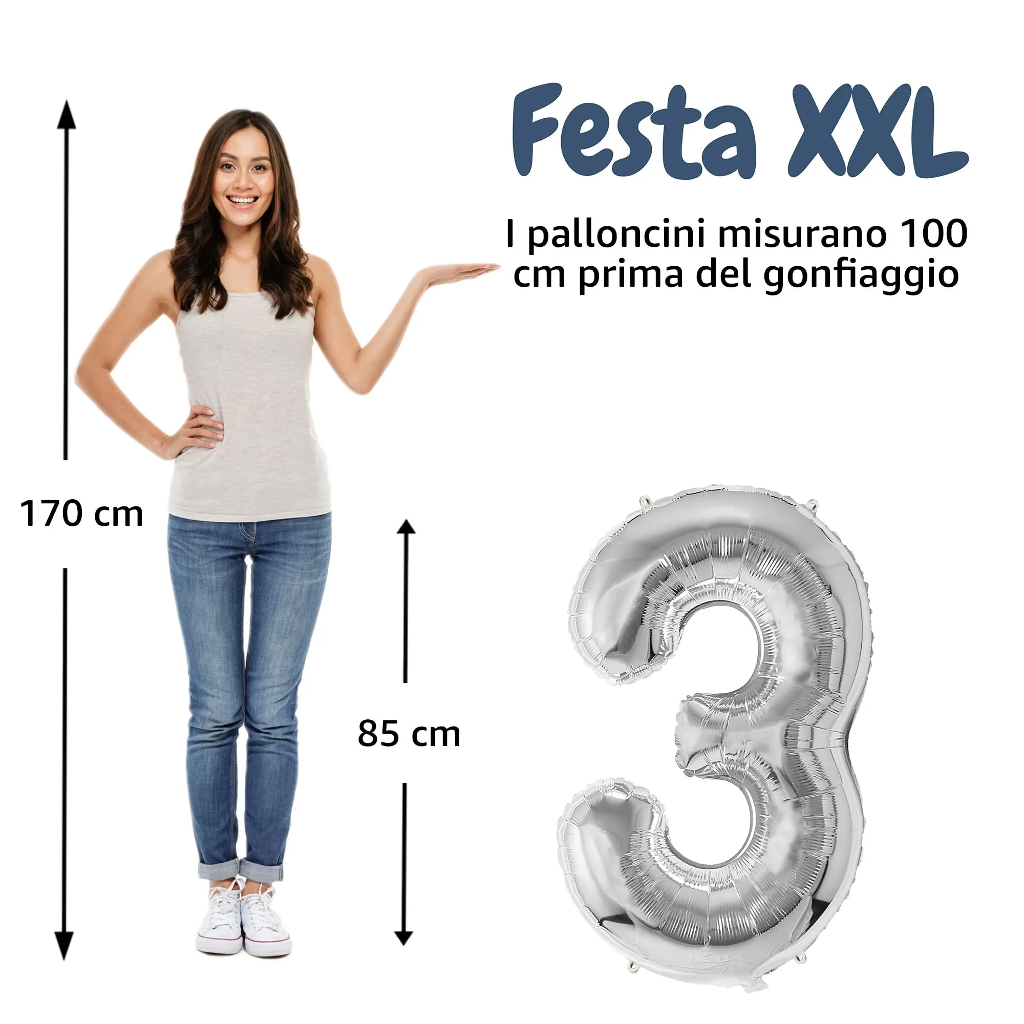 FUNFEST Palloncino Numero 3 Argento Metallizzato 100cm - immagine 2