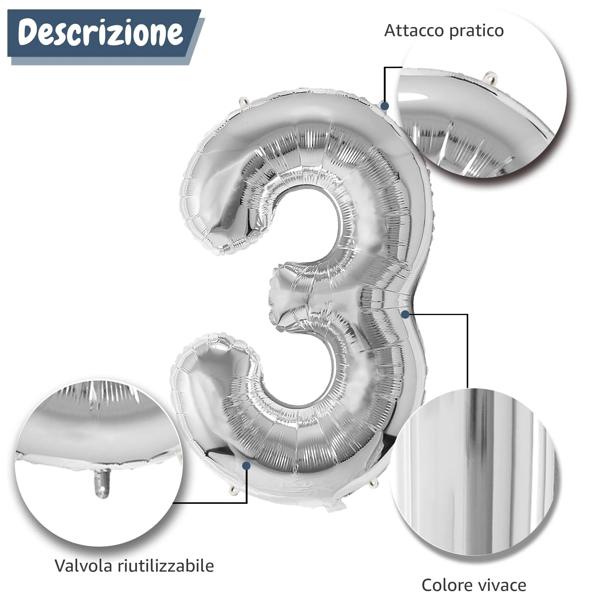 FUNFEST Palloncino Numero 3 Argento Metallizzato 100cm - immagine 6