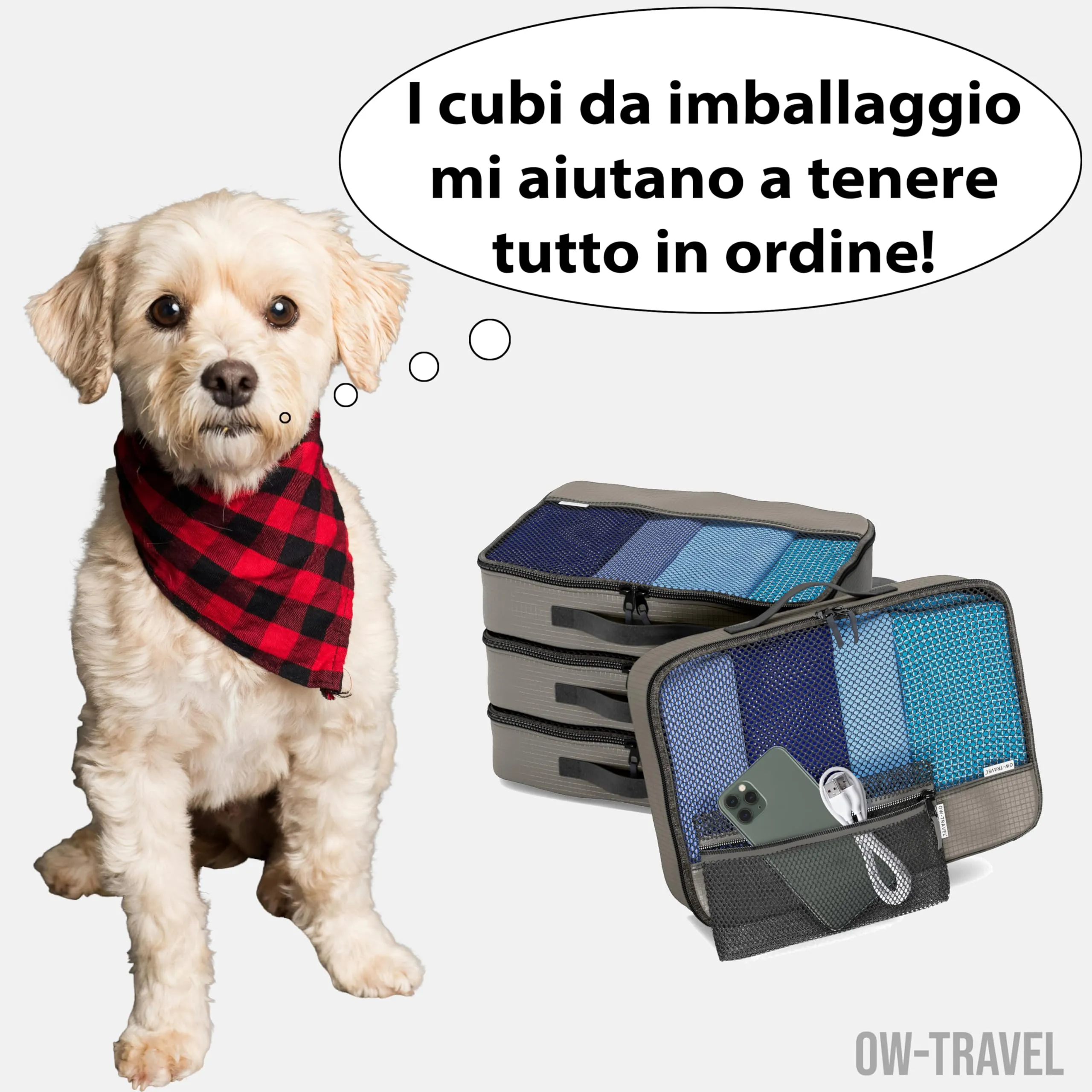 OW-Travel Organizer Valigia, Packing Cubes, Cubi Viaggio, Grigio M 5 Pezzi - immagine 2