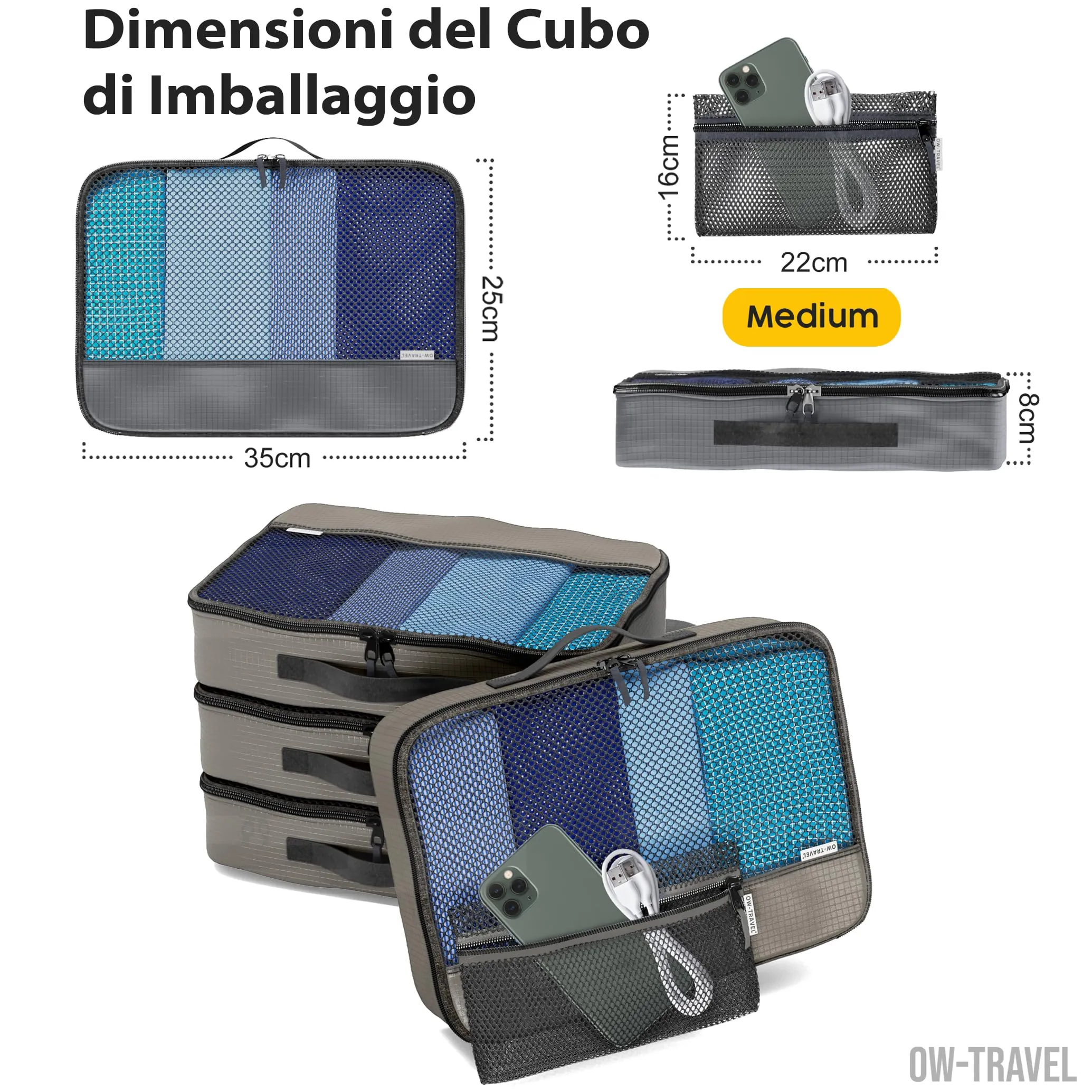 OW-Travel Organizer Valigia, Packing Cubes, Cubi Viaggio, Grigio M 5 Pezzi - immagine 4