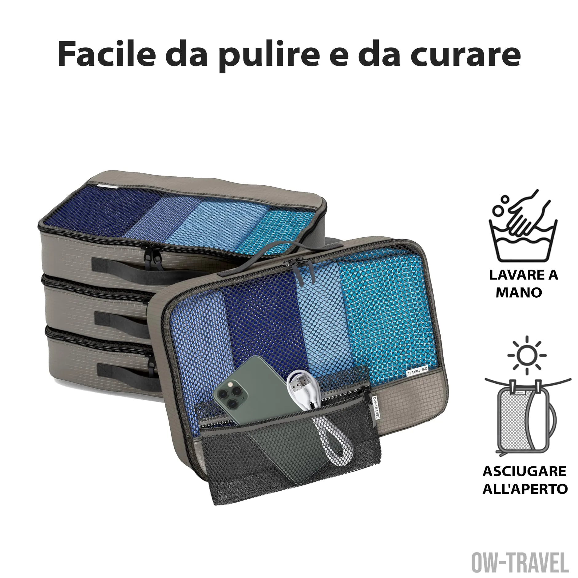 OW-Travel Organizer Valigia, Packing Cubes, Cubi Viaggio, Grigio M 5 Pezzi - immagine 9