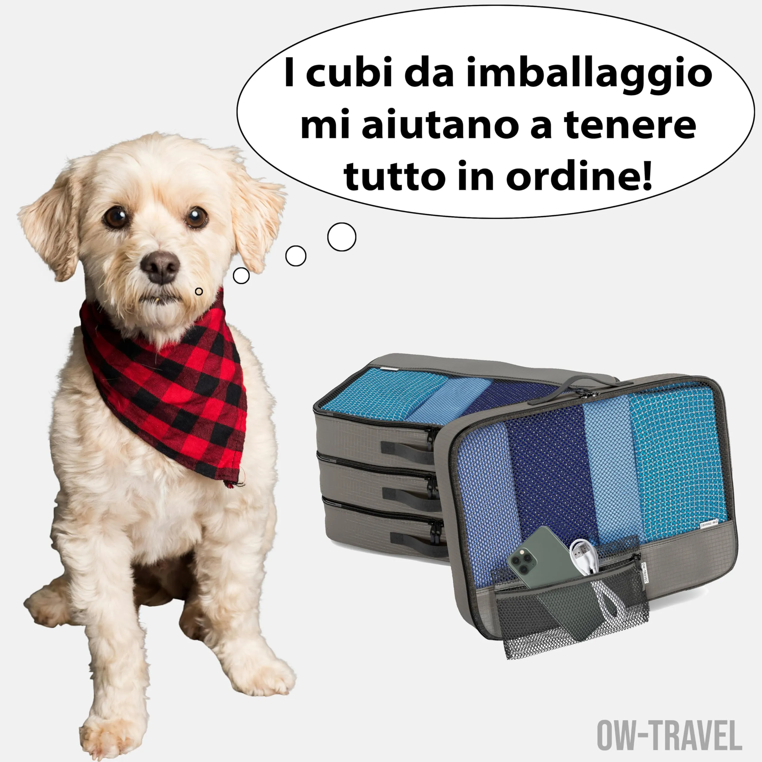 OW-Travel Organizer Valigia, Packing Cubes, Cubi Viaggio, Grigio L 5 Pezzi - immagine 2