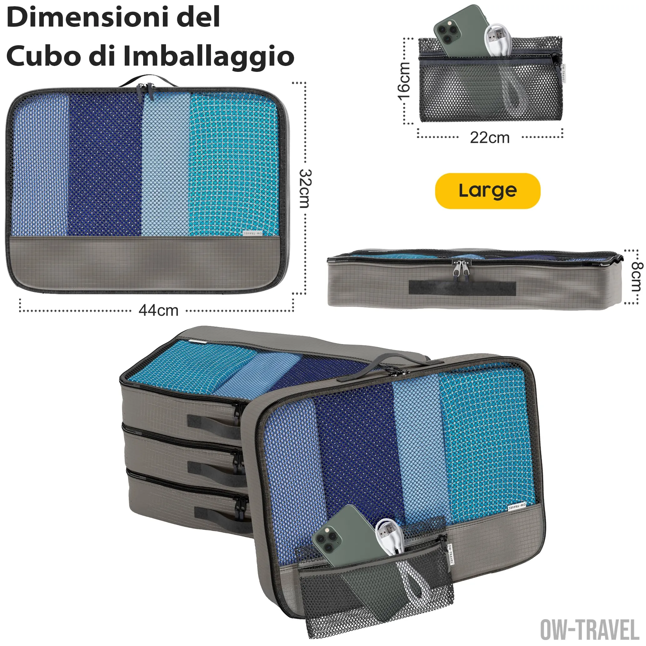 OW-Travel Organizer Valigia, Packing Cubes, Cubi Viaggio, Grigio L 5 Pezzi - immagine 4