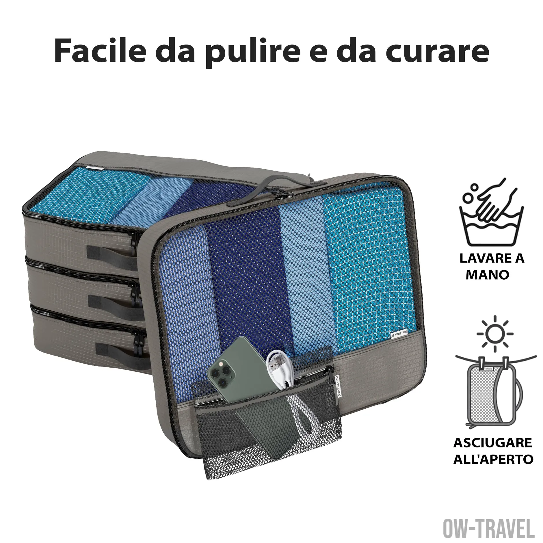 OW-Travel Organizer Valigia, Packing Cubes, Cubi Viaggio, Grigio L 5 Pezzi - immagine 9