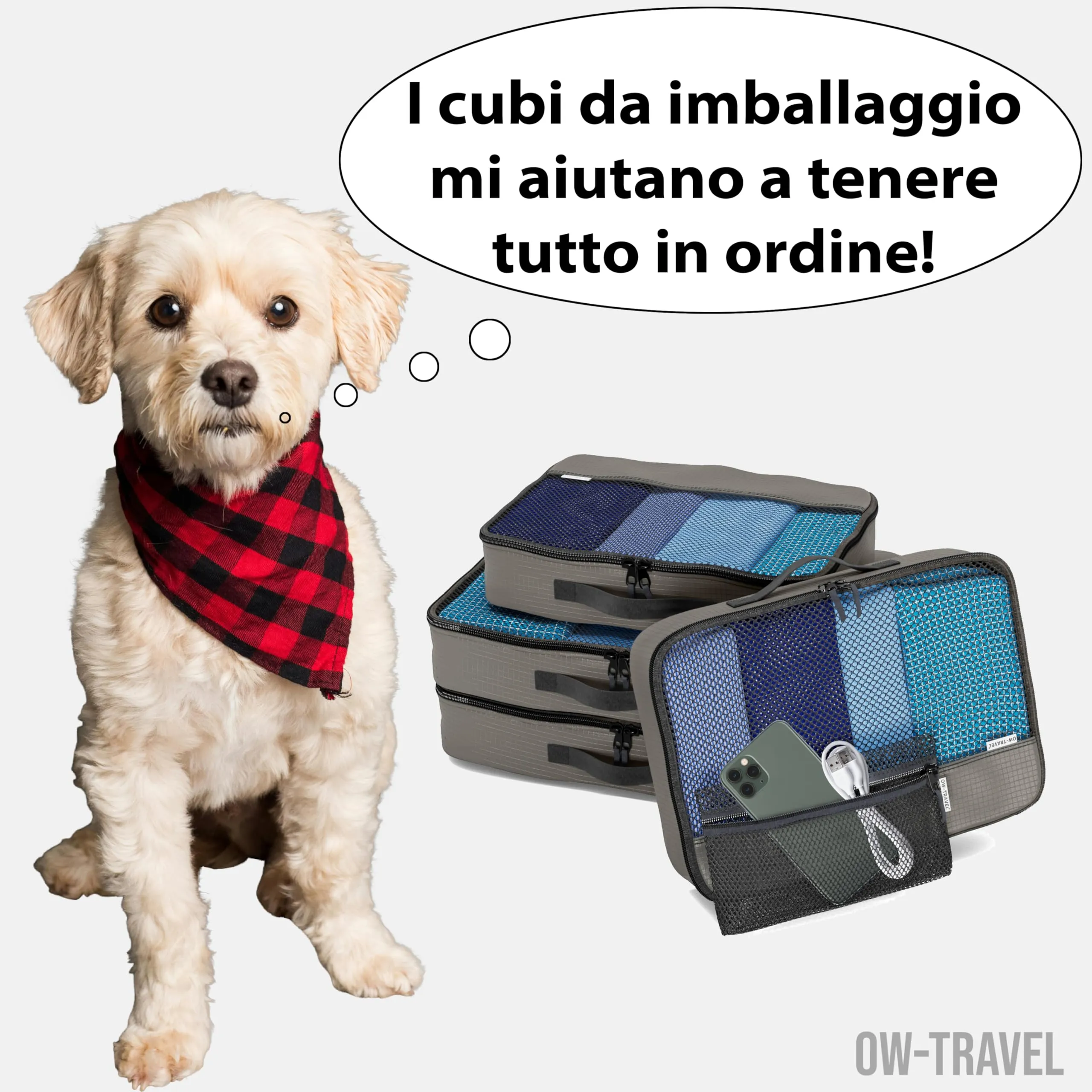 OW-Travel Organizer Valigia, Packing Cubes, Cubi Viaggio Grigio M/L 5 Pezzi - immagine 2