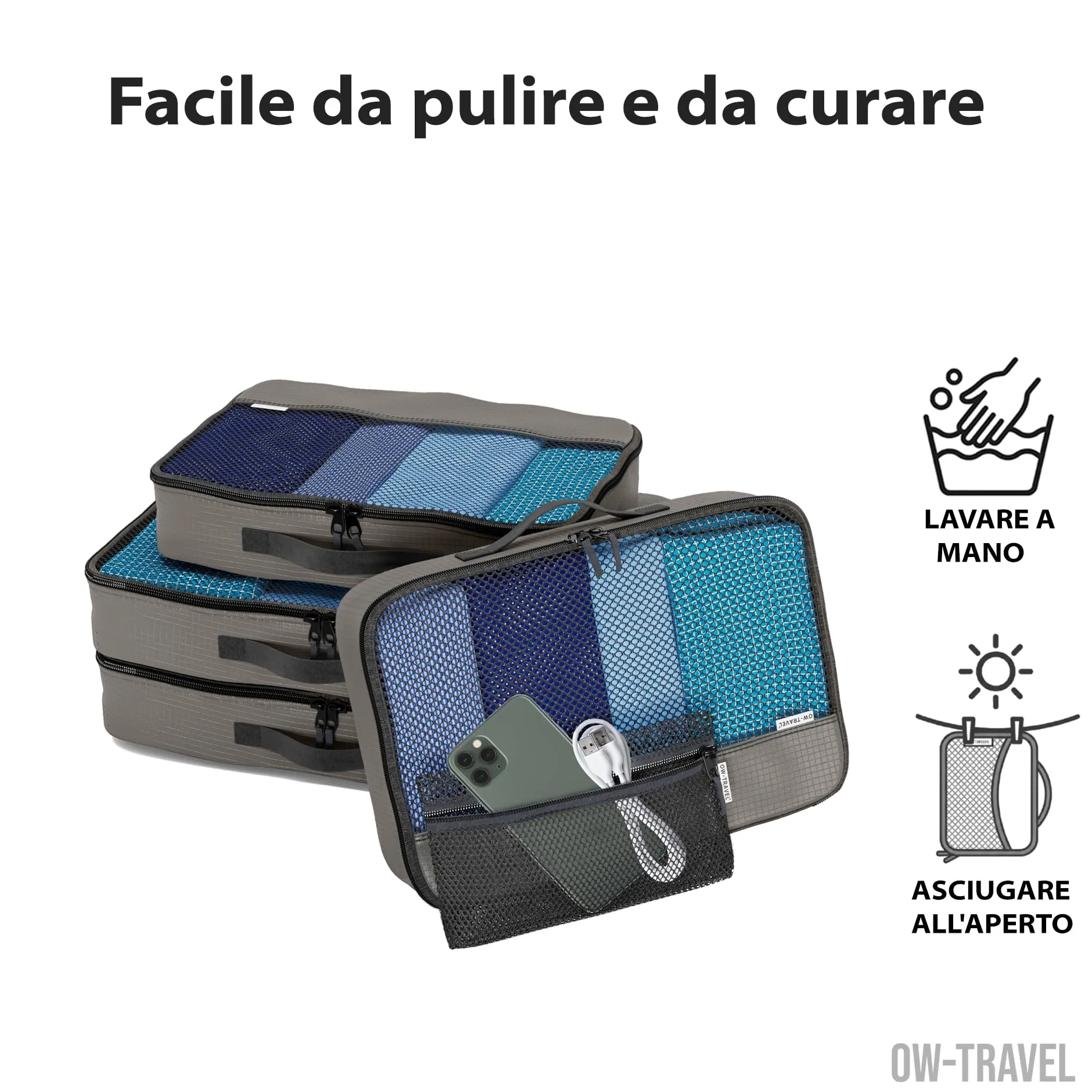 OW-Travel Organizer Valigia, Packing Cubes, Cubi Viaggio Grigio M/L 5 Pezzi - immagine 9