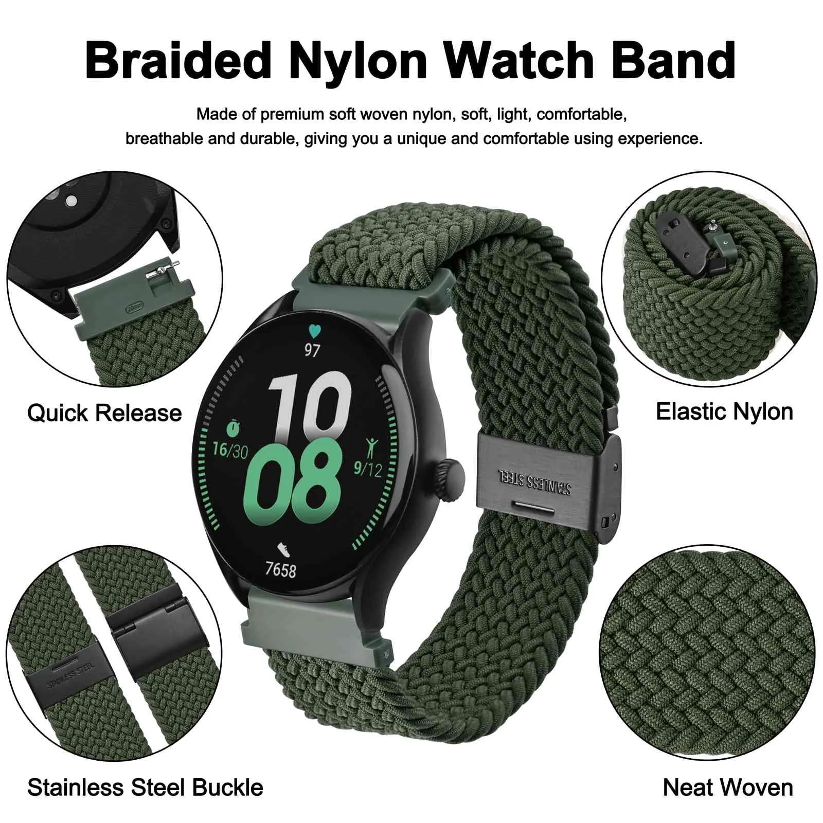 WOCCI 16mm Intrecciato Nylon Cinturino per Orologio da Uomo e da Donna, Regolabile Fibbia Nera (Verde Kaki) - immagine 3