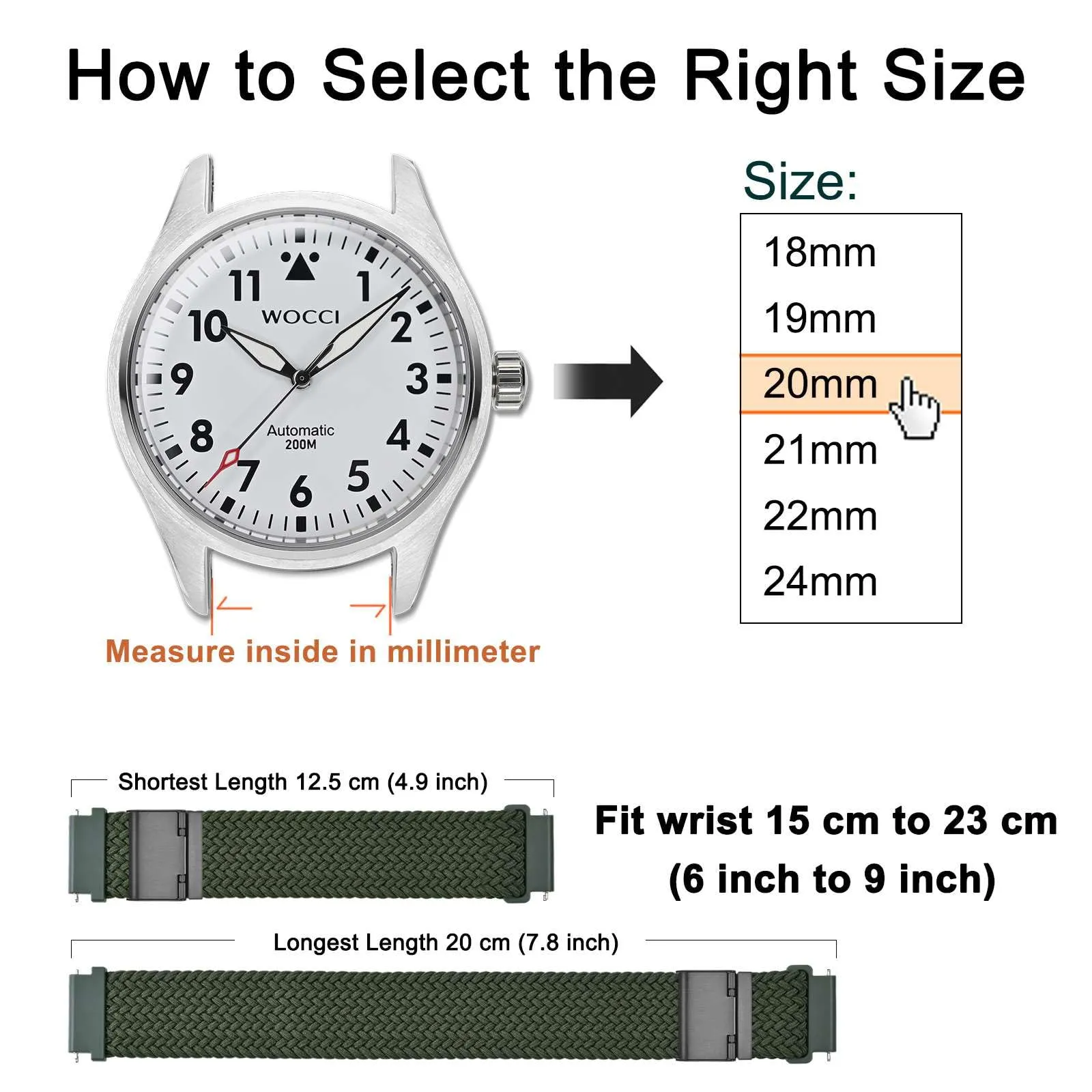 WOCCI 16mm Intrecciato Nylon Cinturino per Orologio da Uomo e da Donna, Regolabile Fibbia Nera (Verde Kaki) - immagine 4