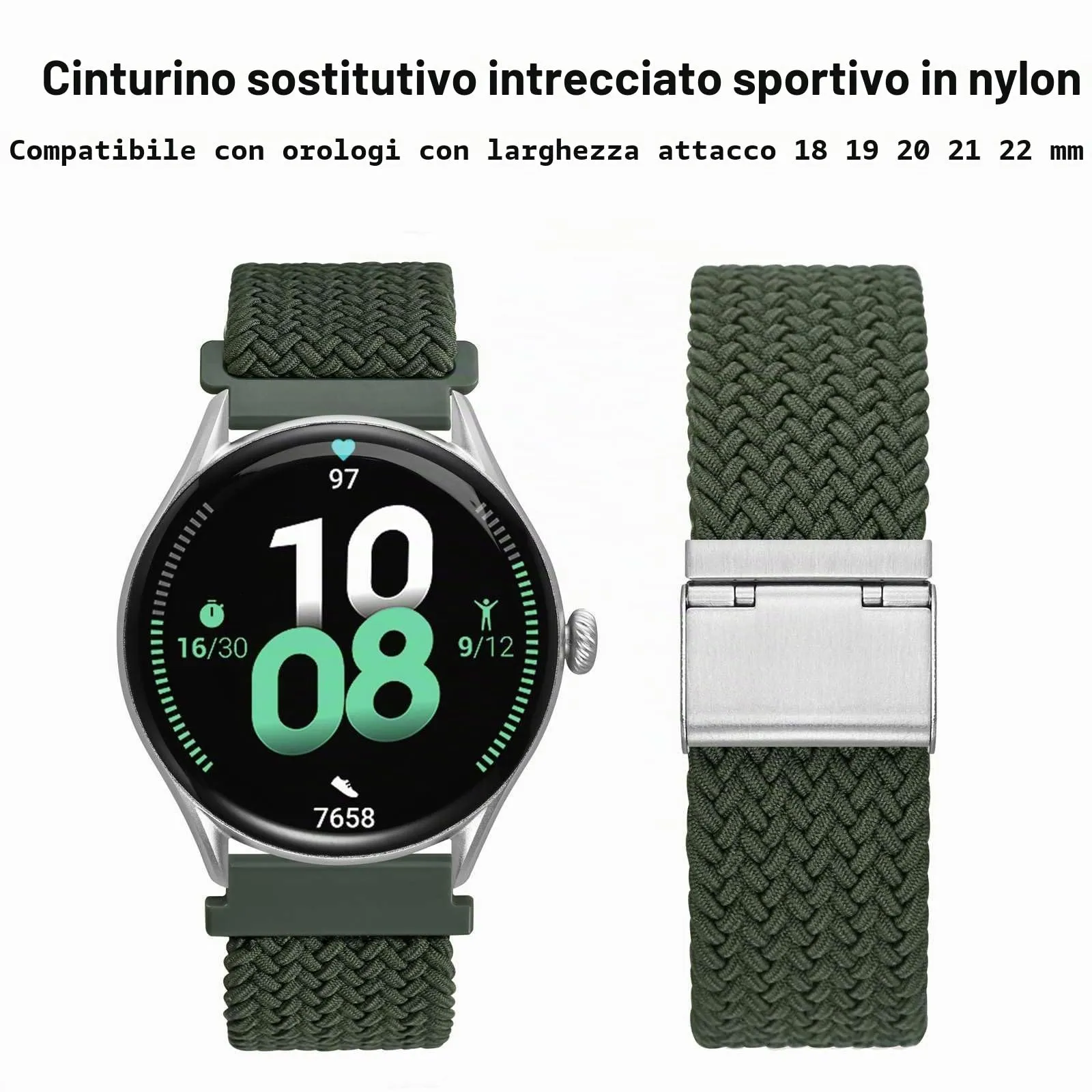 WOCCI 24mm Intrecciato Nylon Cinturino per Orologio da Uomo e da Donna, Regolabile Fibbia Argento (Verde Kaki) - immagine 9