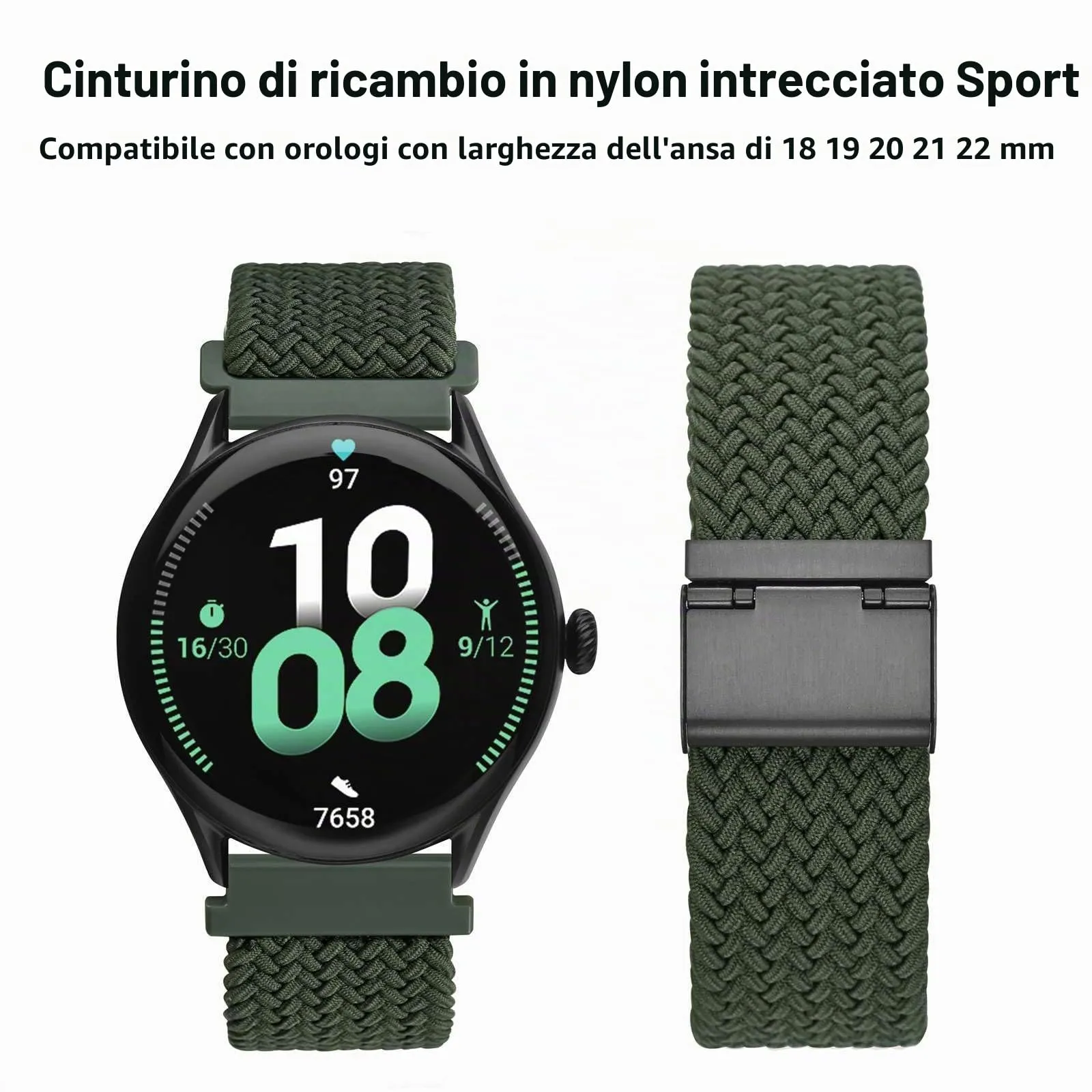 WOCCI 24mm Intrecciato Nylon Cinturino per Orologio da Uomo e da Donna, Regolabile Fibbia Nera (Verde Kaki) - immagine 9