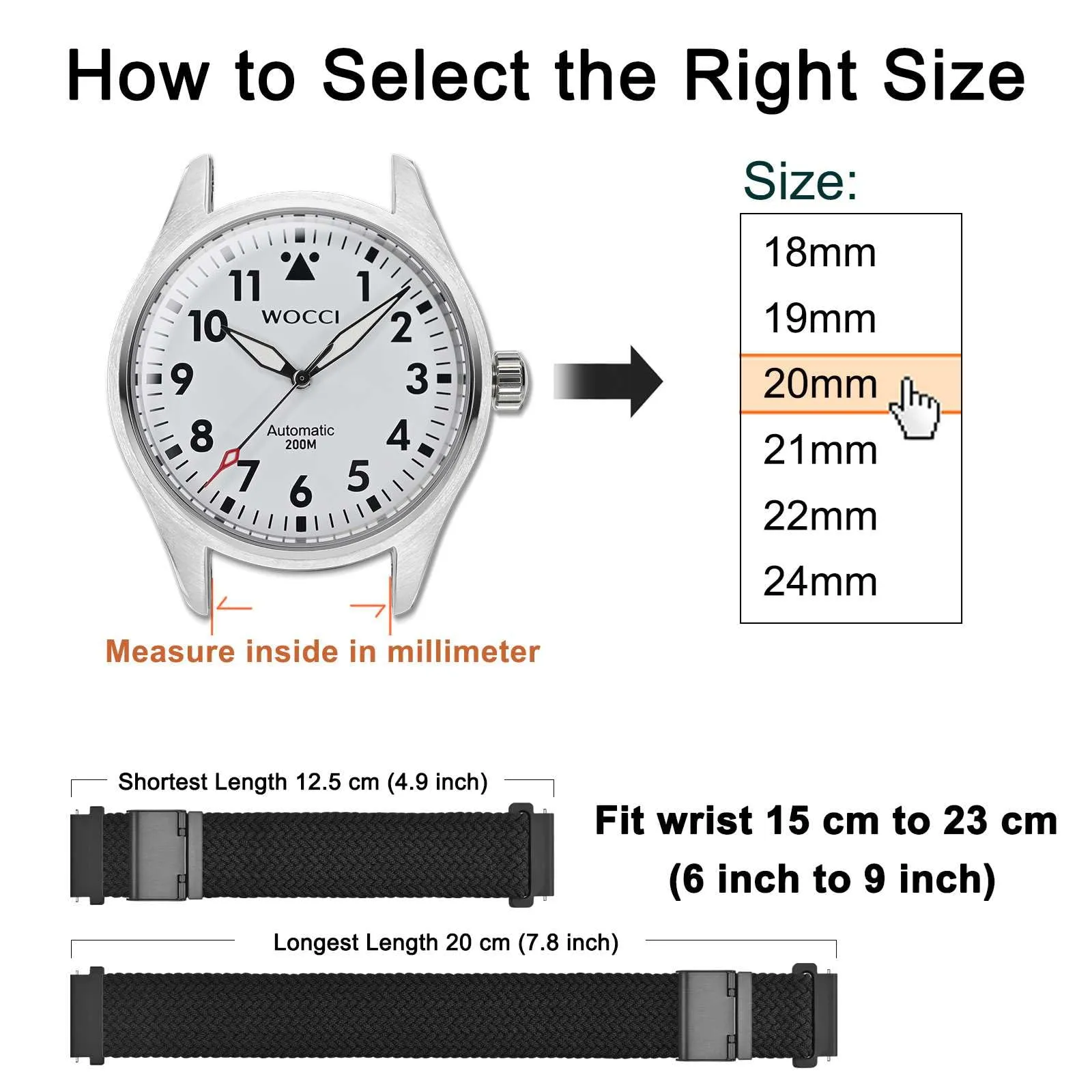 WOCCI 16mm Intrecciato Nylon Cinturino per Orologio da Uomo e da Donna, Regolabile Fibbia Nera (Nero) - immagine 4