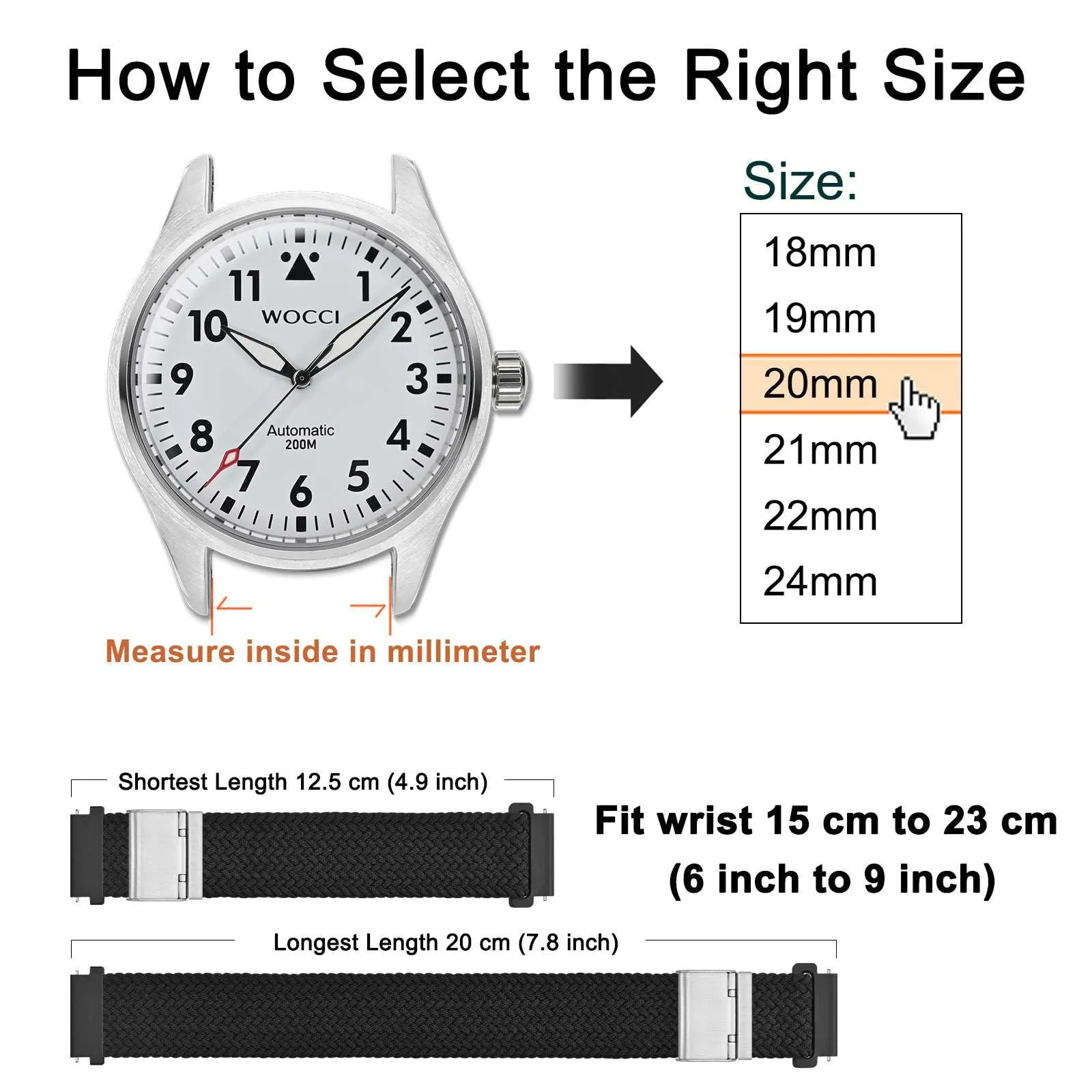 WOCCI 16mm Intrecciato Nylon Cinturino per Orologio da Uomo e da Donna, Regolabile Fibbia Argento (Nero) - immagine 4