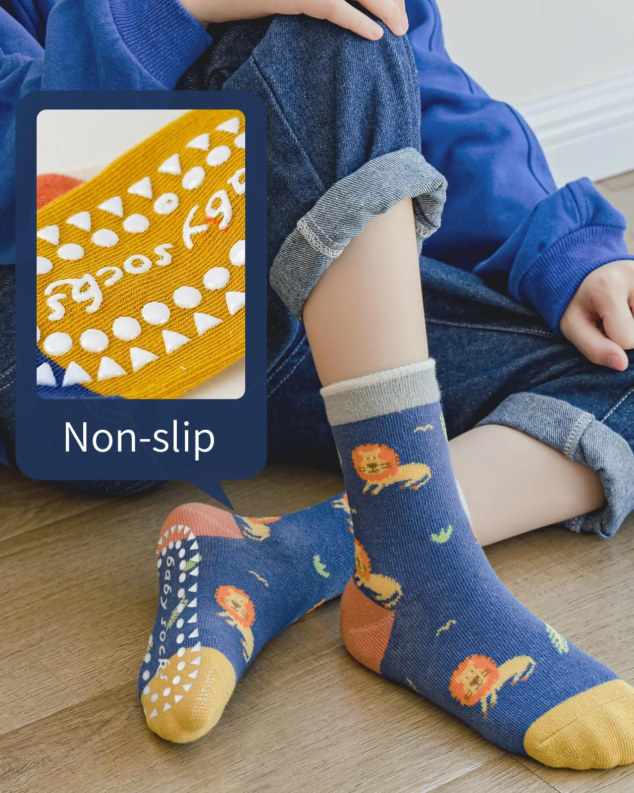 Kyopp 5 paia di calzini per bambini in cotone, per ragazzi e ragazze, in ABS, antiscivolo, motivo animali, 25-37 EU (ABS, leone ragazzo, XL) - immagine 5