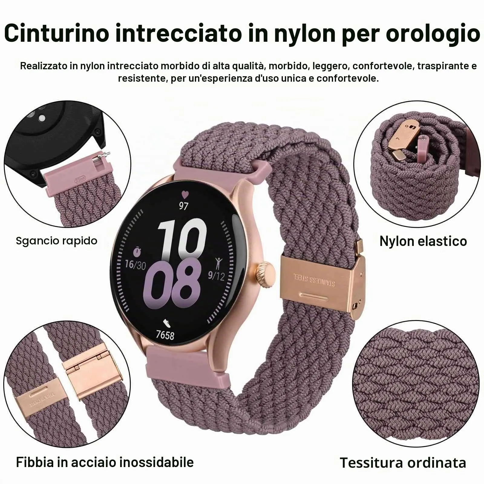WOCCI 18mm Intrecciato Nylon Cinturino per Orologio da Uomo e da Donna, Regolabile Fibbia Oro Rosa (Woodrose) - immagine 3