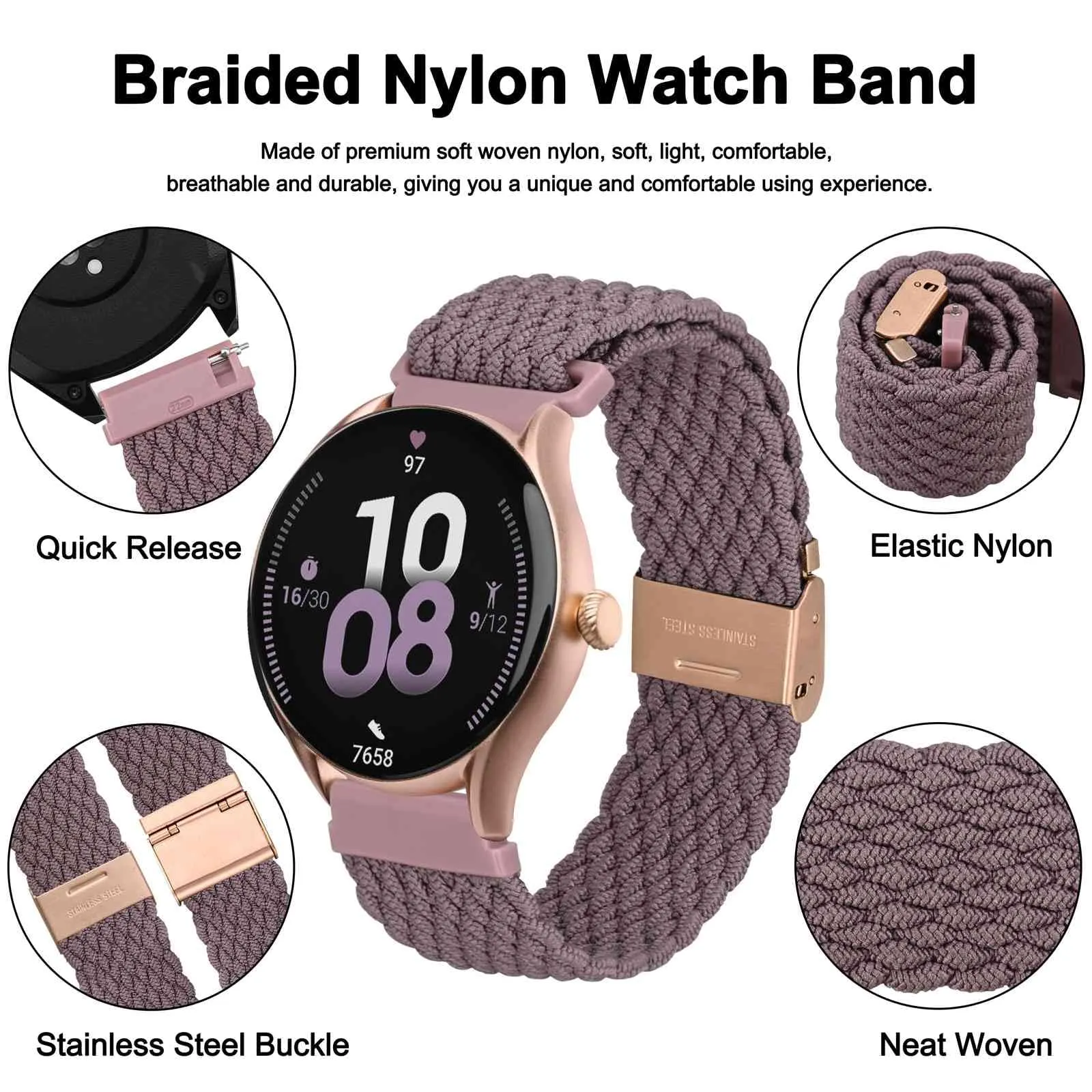 WOCCI 16mm Intrecciato Nylon Cinturino per Orologio da Uomo e da Donna, Regolabile Fibbia Oro Rosa (Woodrose) - immagine 3