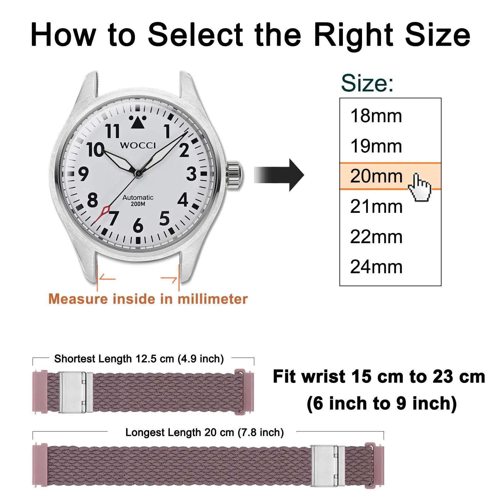 WOCCI 18mm Intrecciato Nylon Cinturino per Orologio da Uomo e da Donna, Regolabile Fibbia Argento (Woodrose) - immagine 4