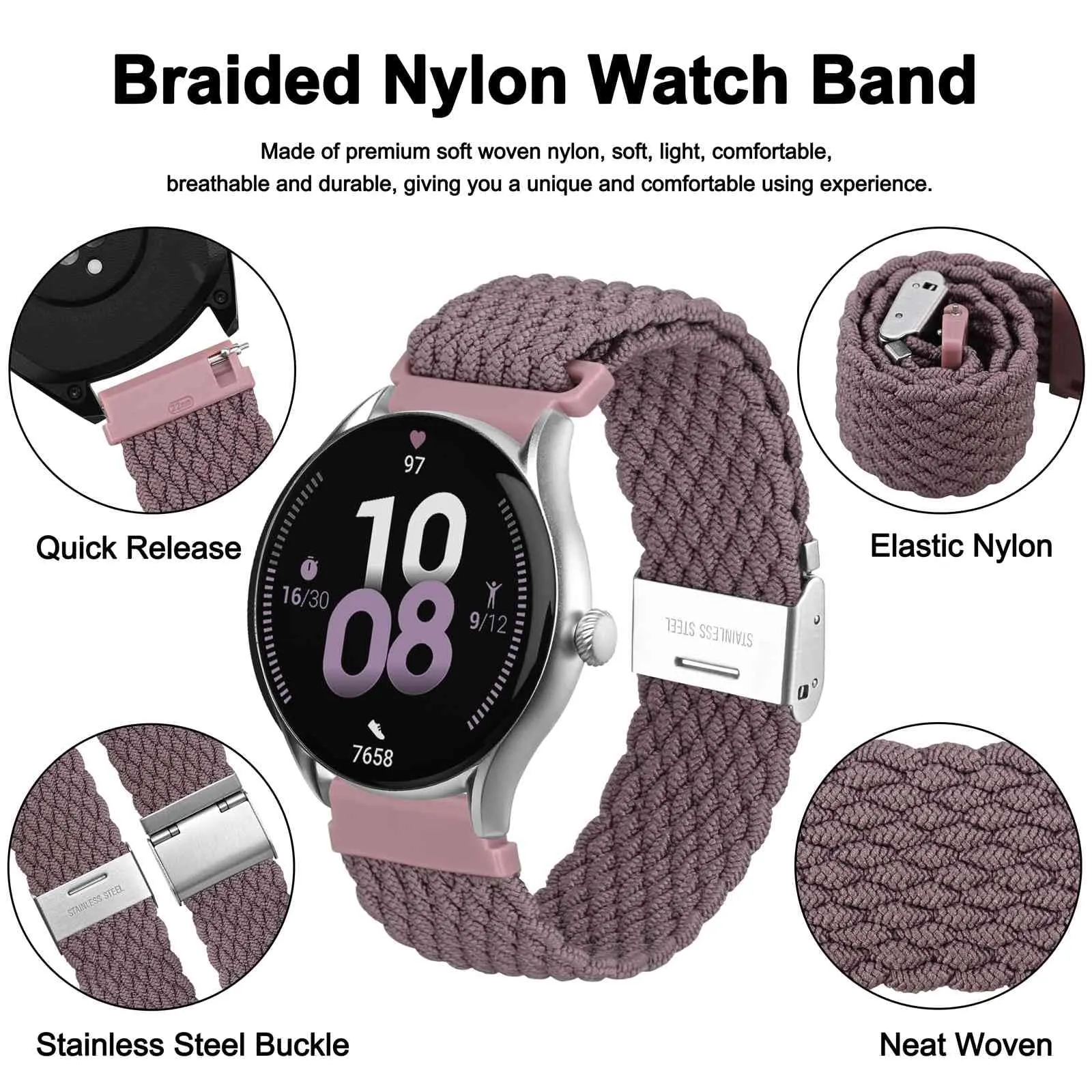 WOCCI 16mm Intrecciato Nylon Cinturino per Orologio da Uomo e da Donna, Regolabile Fibbia Argento (Woodrose) - immagine 3