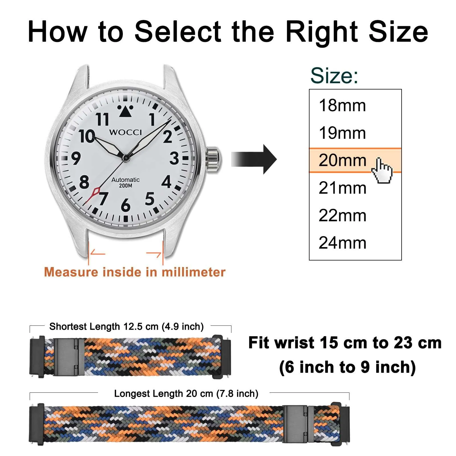 WOCCI 20mm Intrecciato Nylon Cinturino per Orologio da Uomo e da Donna, Regolabile Fibbia Nera (Camo) - immagine 4