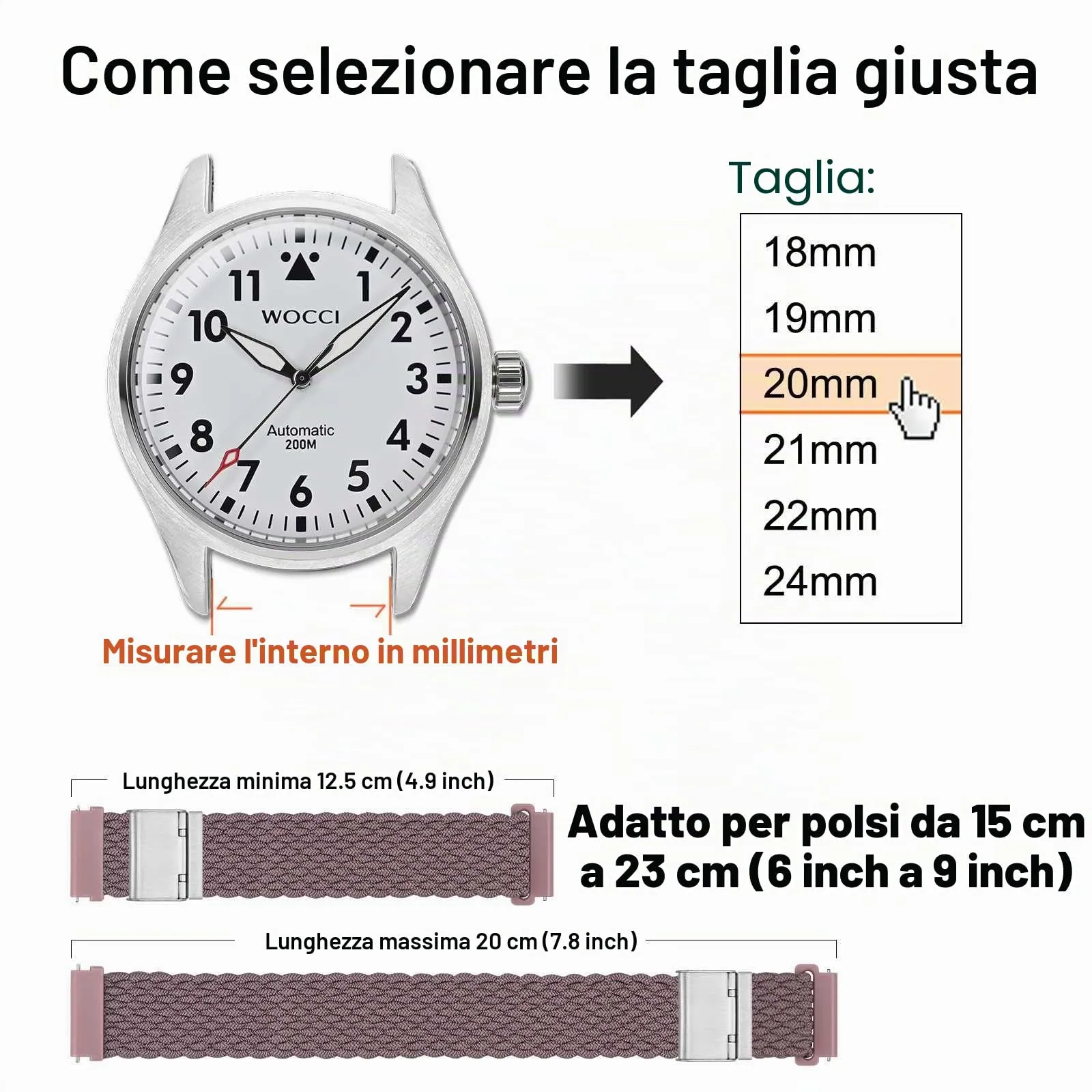 WOCCI 20mm Intrecciato Nylon Cinturino per Orologio da Uomo e da Donna, Regolabile Fibbia Argento (Woodrose) - immagine 4