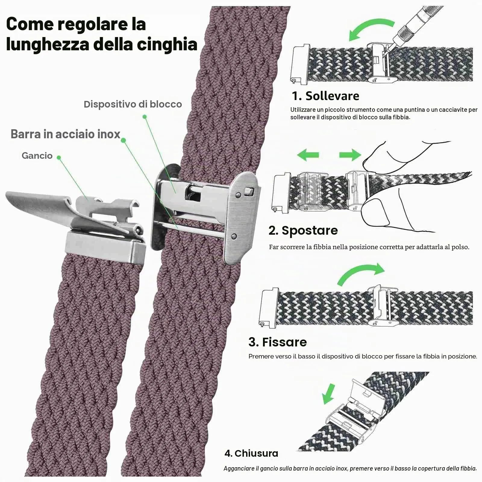 WOCCI 20mm Intrecciato Nylon Cinturino per Orologio da Uomo e da Donna, Regolabile Fibbia Argento (Woodrose) - immagine 5