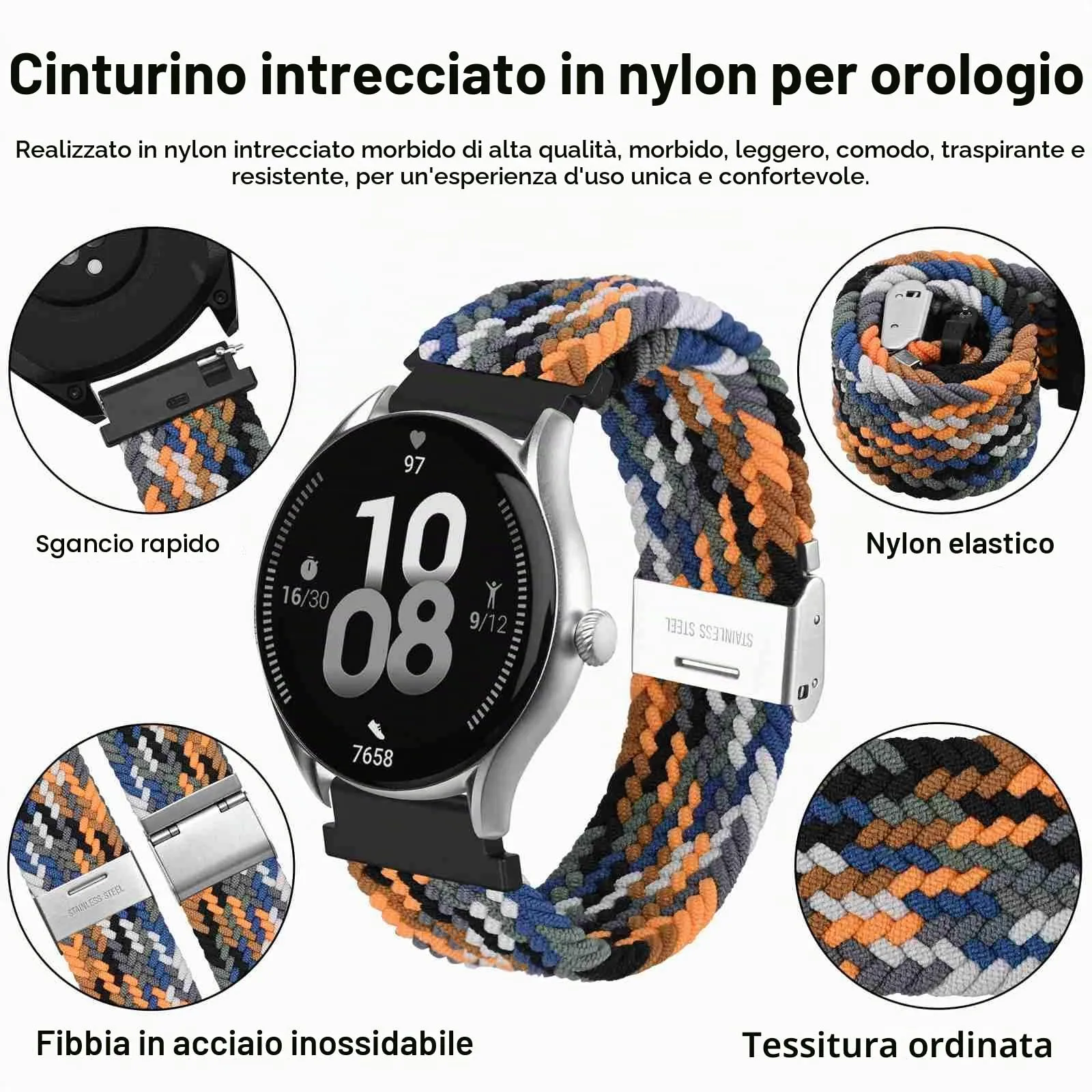 WOCCI 22mm Intrecciato Nylon Cinturino per Orologio da Uomo e da Donna, Regolabile Fibbia Argento (Camo) - immagine 3