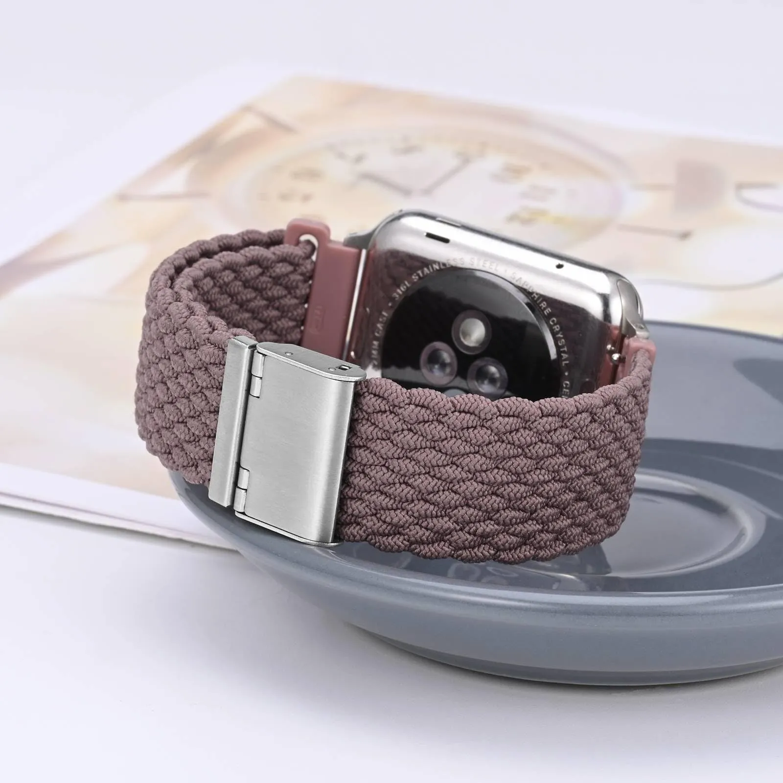 WOCCI 22mm Intrecciato Nylon Cinturino per Orologio da Uomo e da Donna, Regolabile Fibbia Argento (Woodrose) - immagine 2