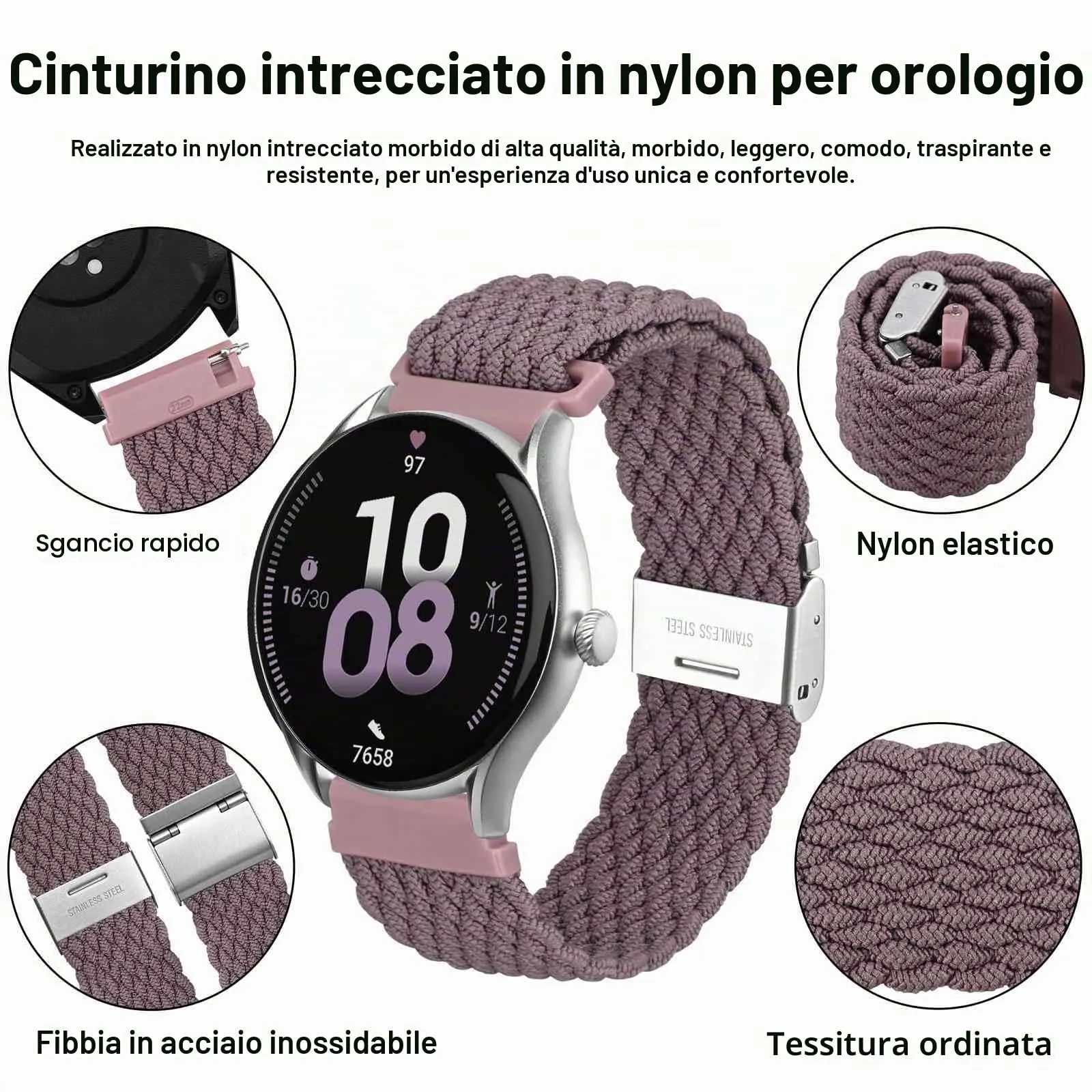 WOCCI 22mm Intrecciato Nylon Cinturino per Orologio da Uomo e da Donna, Regolabile Fibbia Argento (Woodrose) - immagine 3