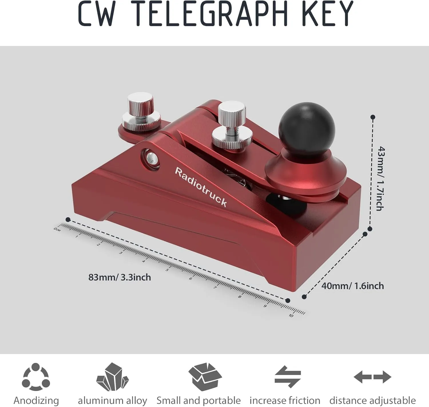 CW Morse Code Key - Chiave tascabile con codice Morse Telegraph Base in lega di alluminio grigia per radioamatoriali, tensione regolabile (rosso) - immagine 2