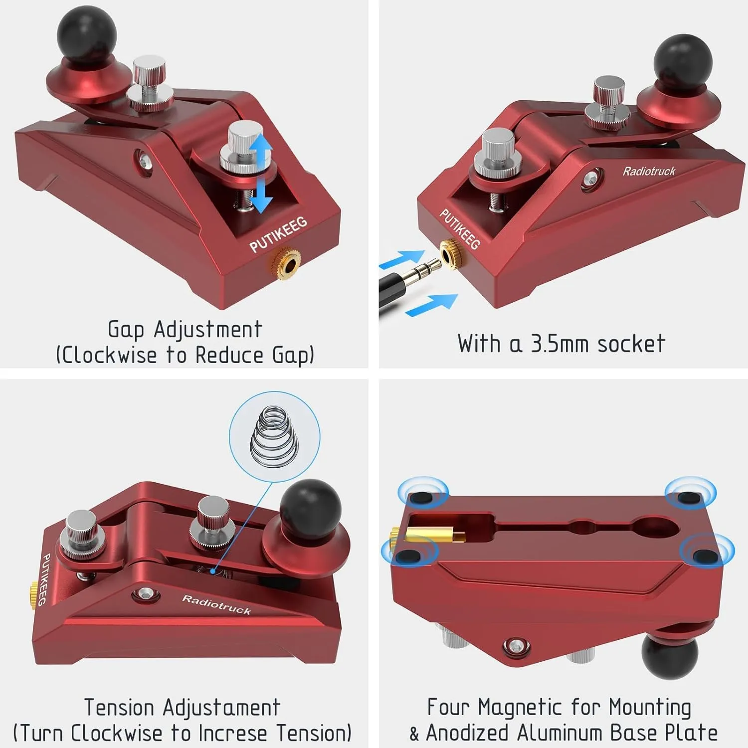 CW Morse Code Key - Chiave tascabile con codice Morse Telegraph Base in lega di alluminio grigia per radioamatoriali, tensione regolabile (rosso) - immagine 3