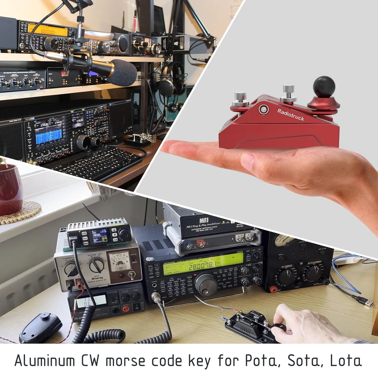 CW Morse Code Key - Chiave tascabile con codice Morse Telegraph Base in lega di alluminio grigia per radioamatoriali, tensione regolabile (rosso) - immagine 4