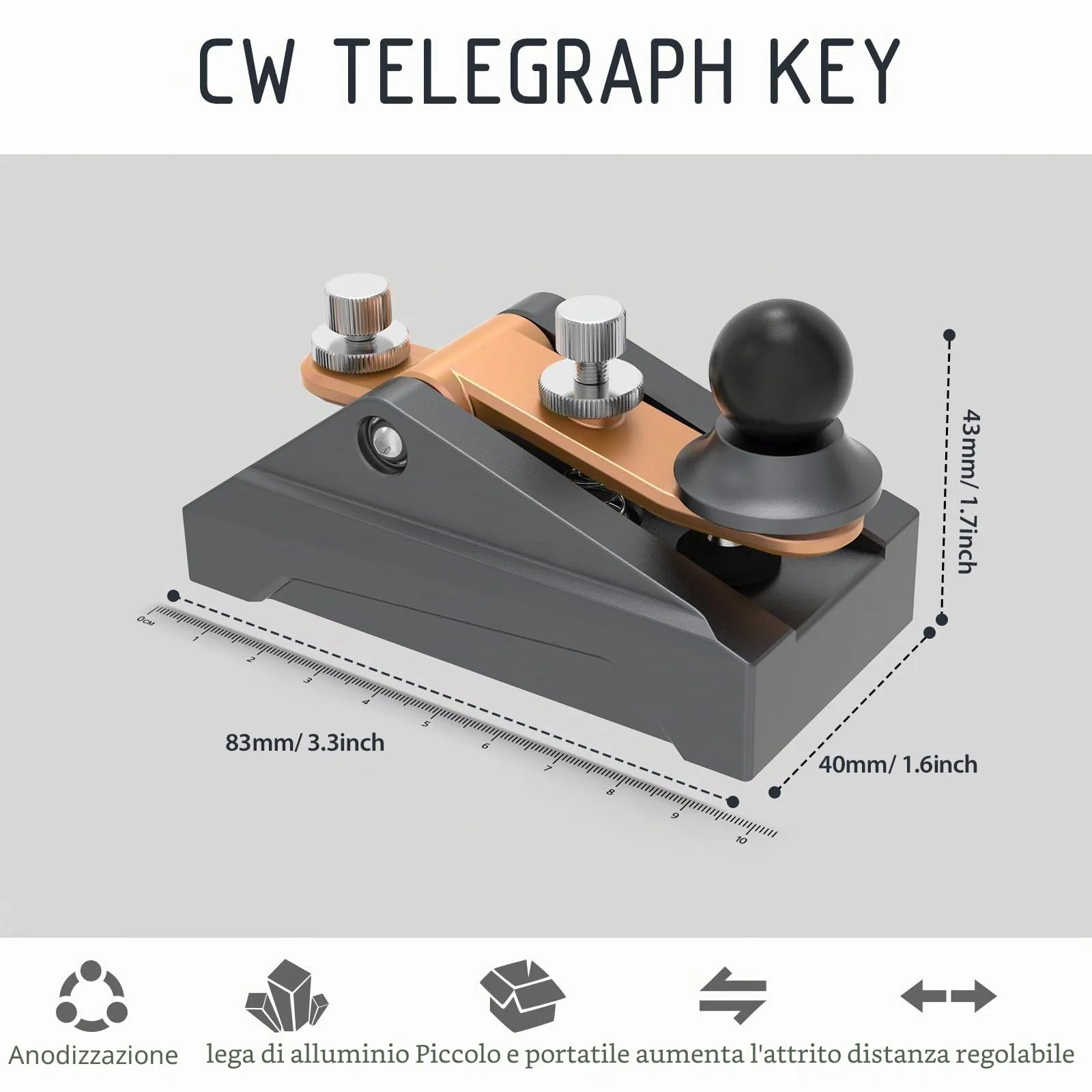 CW Morse Code Key - Chiave tascabile con codice Morse Telegraph Base in lega di alluminio grigia per radioamatoriali, tensione regolabile (grigia) - immagine 2