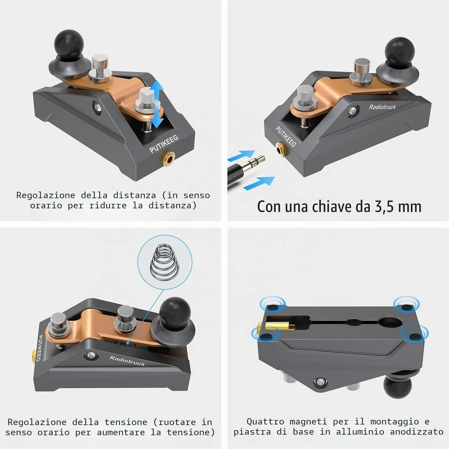 CW Morse Code Key - Chiave tascabile con codice Morse Telegraph Base in lega di alluminio grigia per radioamatoriali, tensione regolabile (grigia) - immagine 3