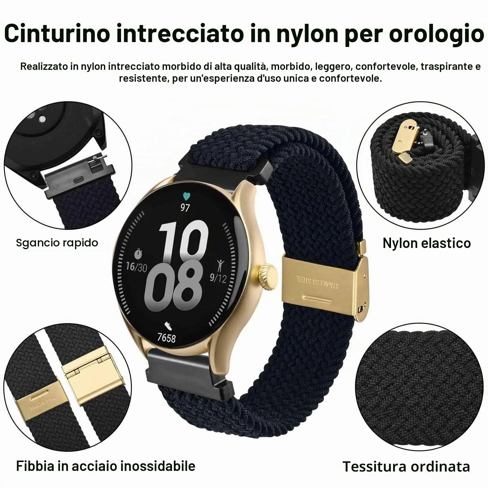 WOCCI 20mm Intrecciato Nylon Cinturino per Orologio da Uomo e da Donna, Regolabile Fibbia Dorata (Nero) - immagine 3