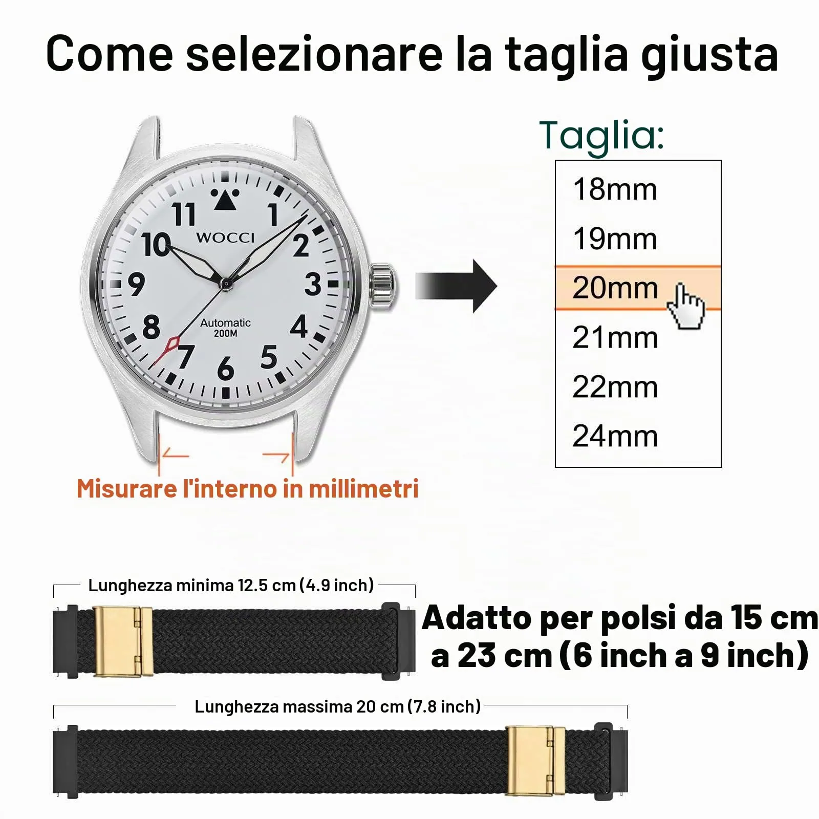 WOCCI 20mm Intrecciato Nylon Cinturino per Orologio da Uomo e da Donna, Regolabile Fibbia Dorata (Nero) - immagine 4