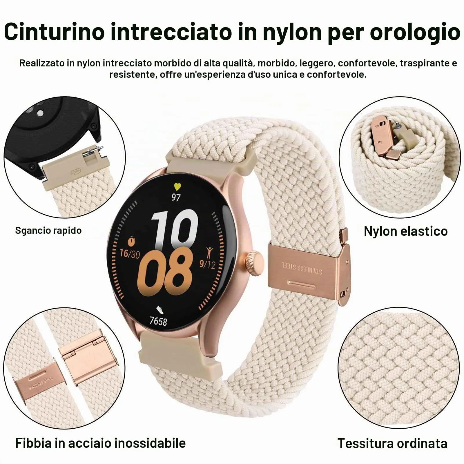 WOCCI 20mm Intrecciato Nylon Cinturino per Orologio da Uomo e da Donna, Regolabile Fibbia Oro Rosa (Galassia) - immagine 3