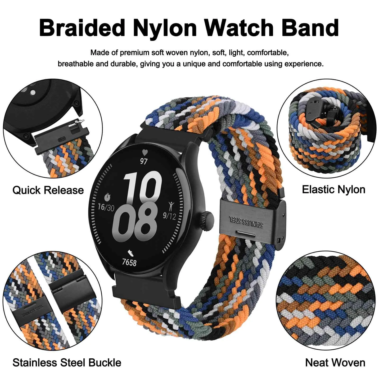WOCCI 18mm Intrecciato Nylon Cinturino per Orologio da Uomo e da Donna, Regolabile Fibbia Nera (Camo) - immagine 3