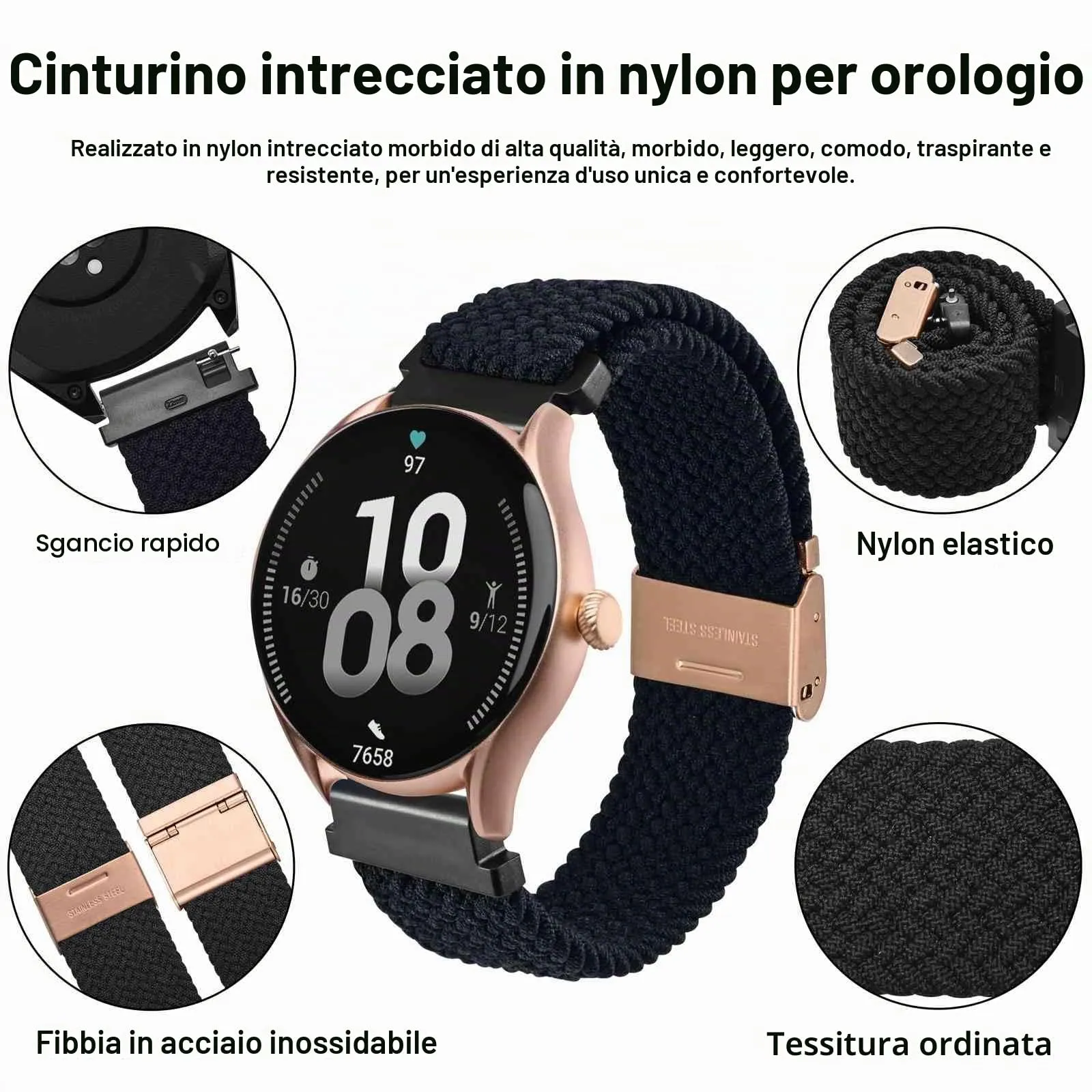 WOCCI 20mm Intrecciato Nylon Cinturino per Orologio da Uomo e da Donna, Regolabile Fibbia Oro Rosa (Nero) - immagine 3