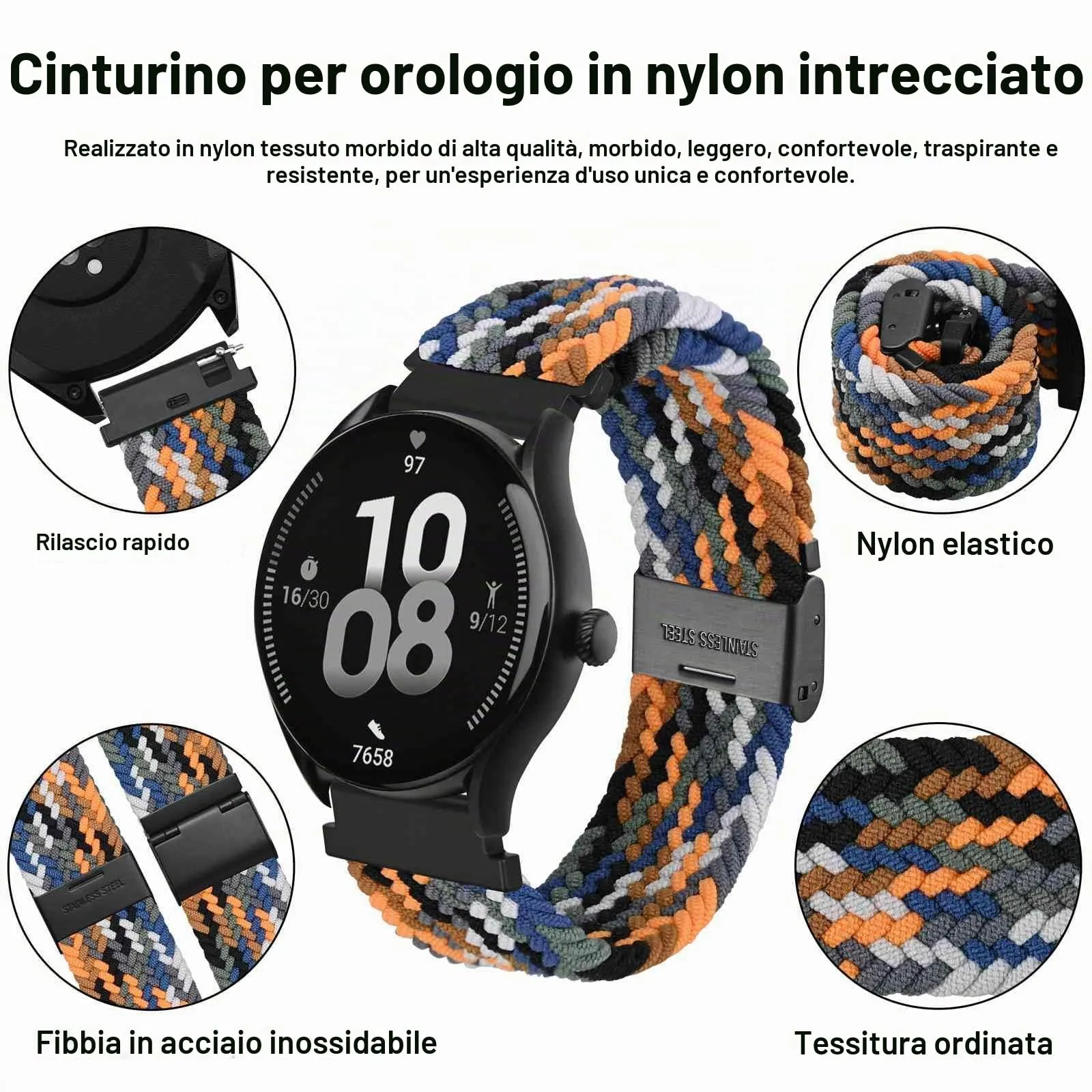 WOCCI 24mm Intrecciato Nylon Cinturino per Orologio da Uomo e da Donna, Regolabile Fibbia Nera (Camo) - immagine 3