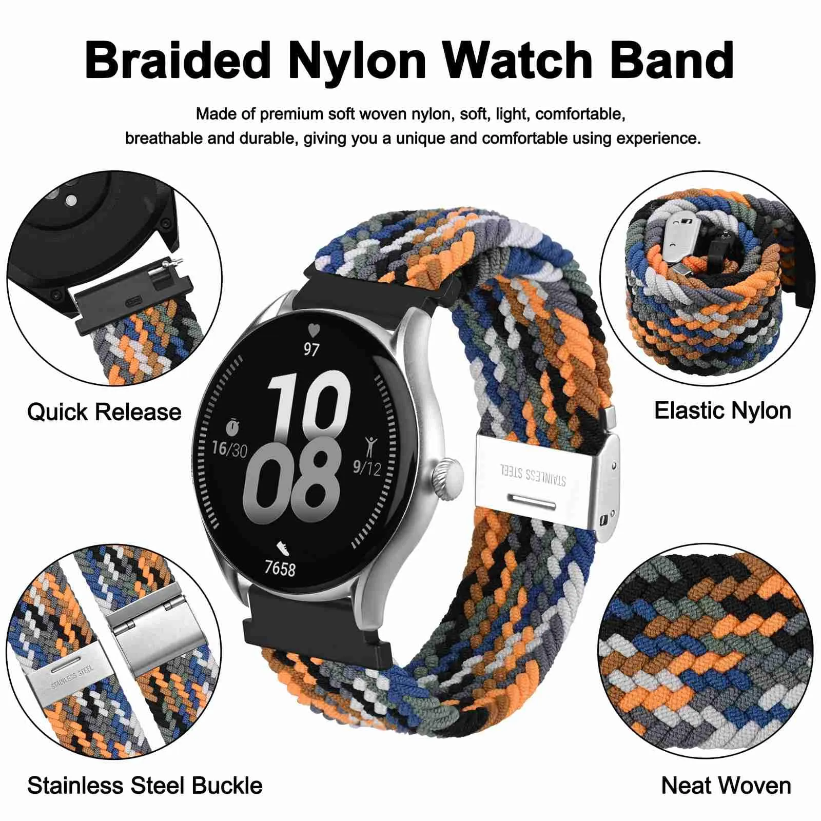 WOCCI 19mm Intrecciato Nylon Cinturino per Orologio da Uomo e da Donna, Regolabile Fibbia Argento (Camo) - immagine 3