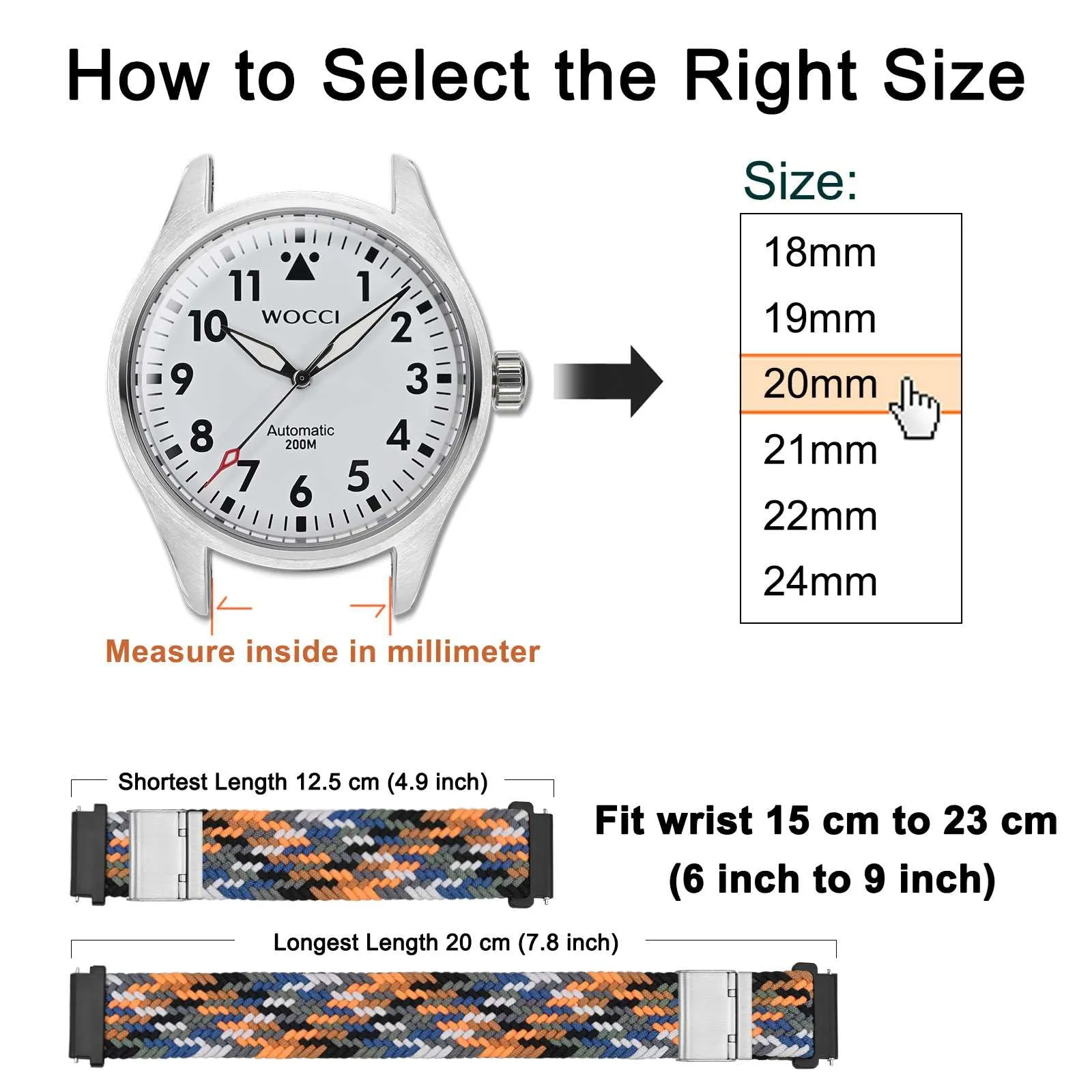WOCCI 19mm Intrecciato Nylon Cinturino per Orologio da Uomo e da Donna, Regolabile Fibbia Argento (Camo) - immagine 4